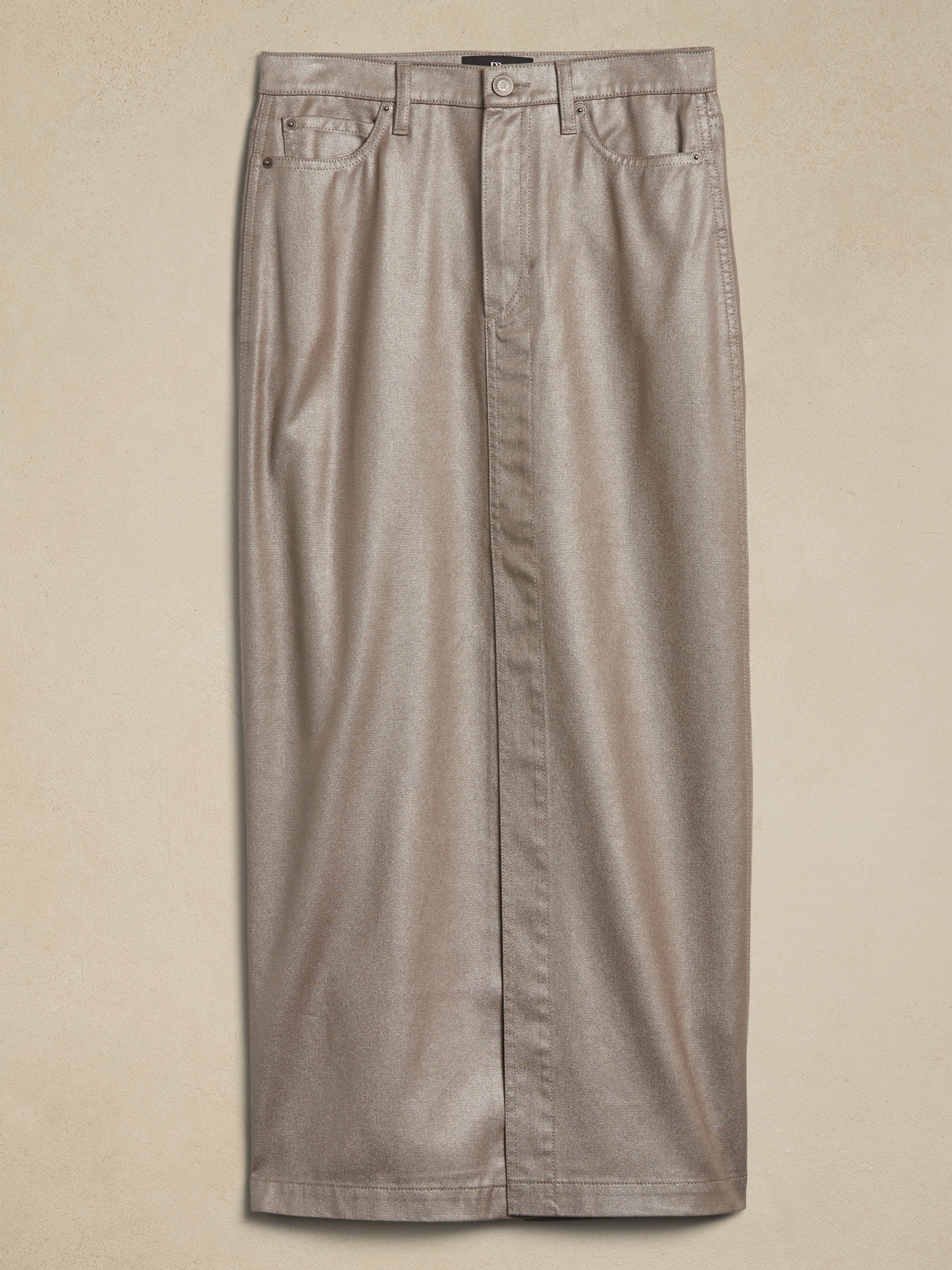 Pearl Metallic Denim Maxi Skirt