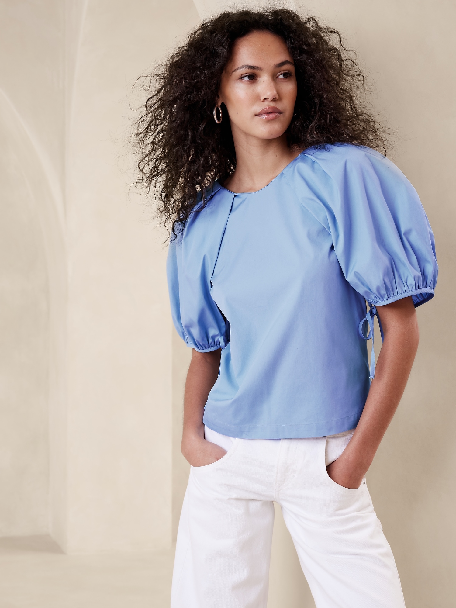 Summer Cotton Top With Puffed Sleeves. (Sky Blue)