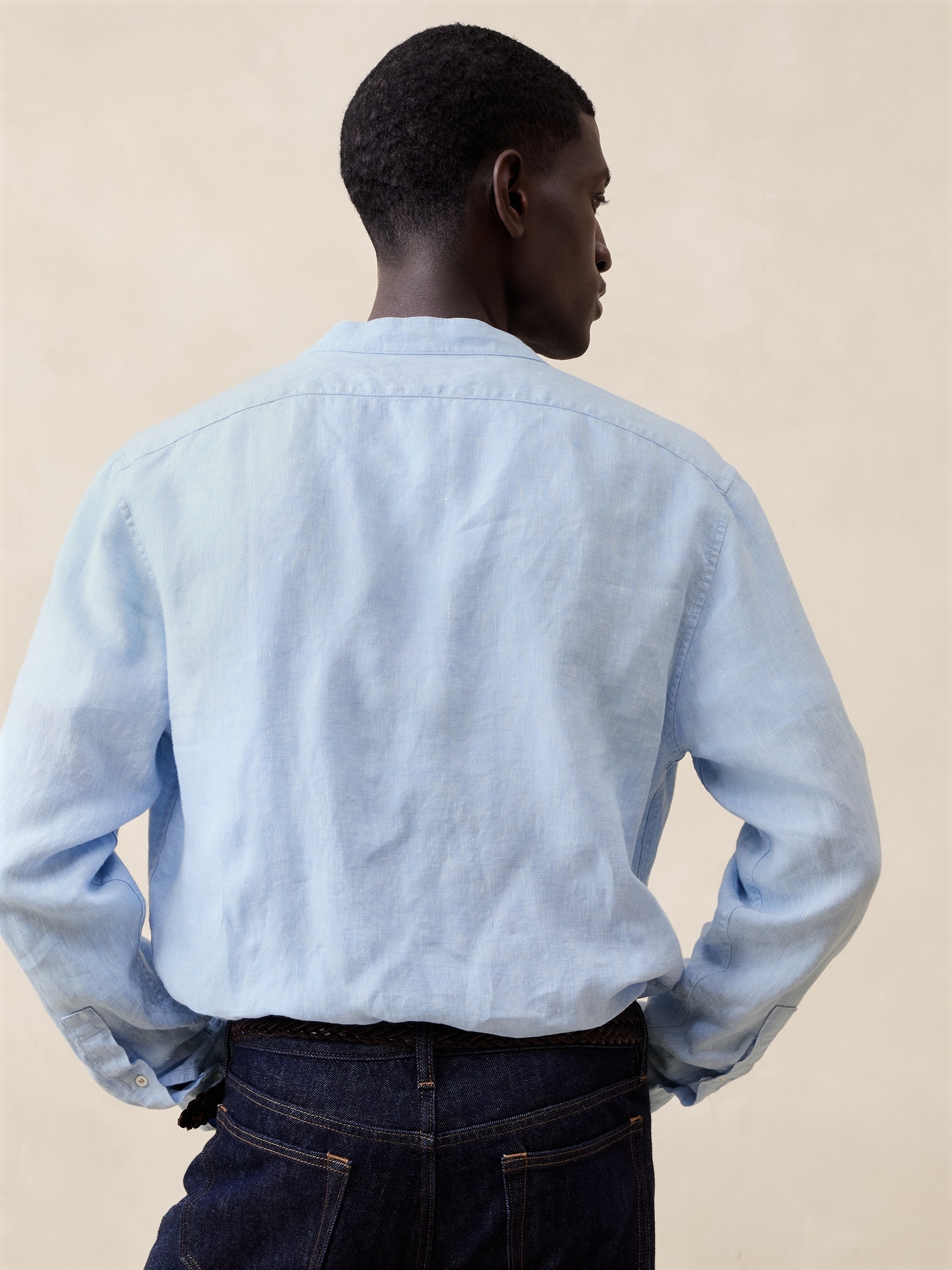 Castello Linen Banded-Collar Shirt