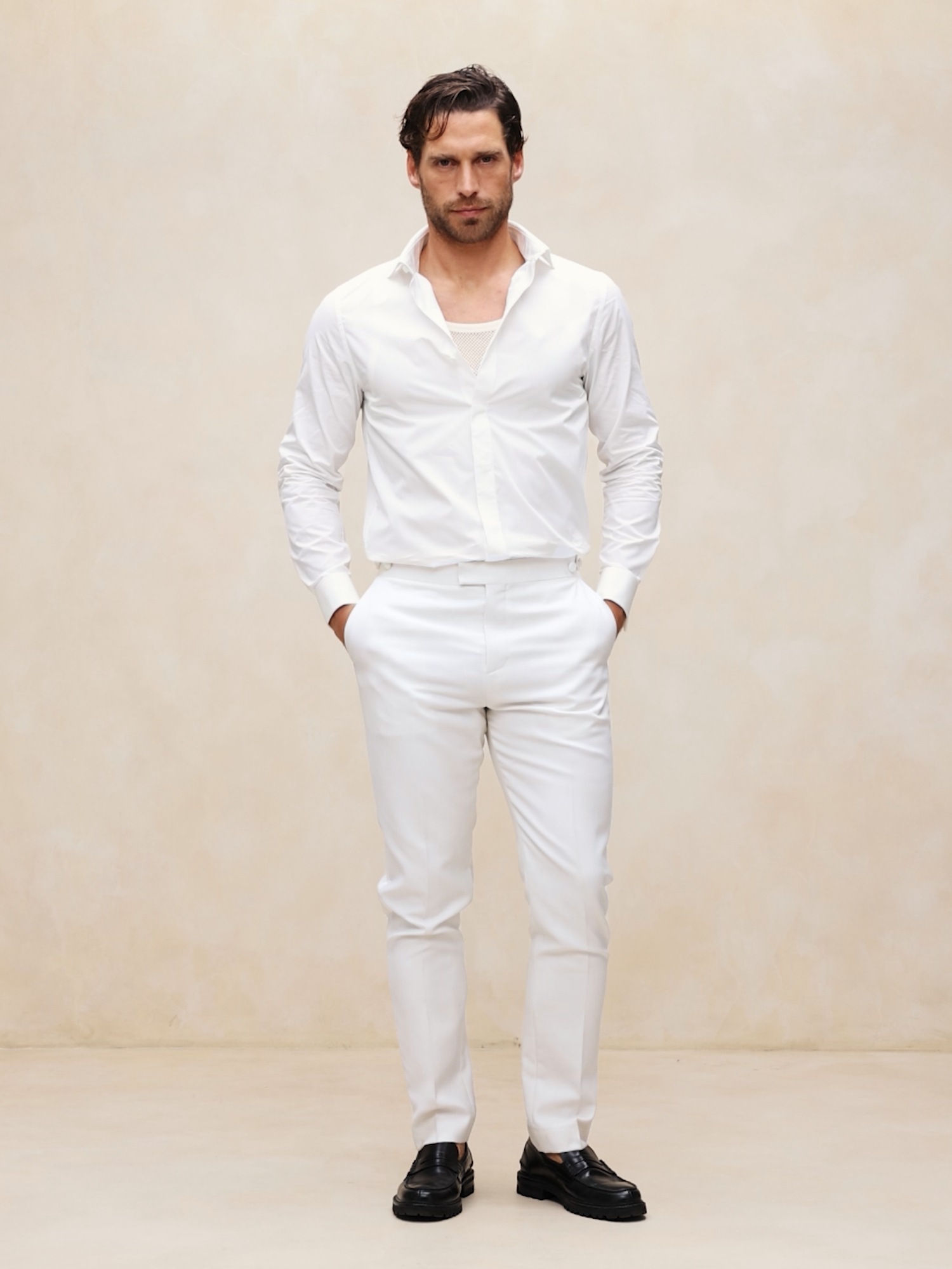 Мужская рубашка Banana Republic Slim-Fit Cotton Poplin Tuxedo Shirt with Cutaway Collar, цвет: Белый — фото 5