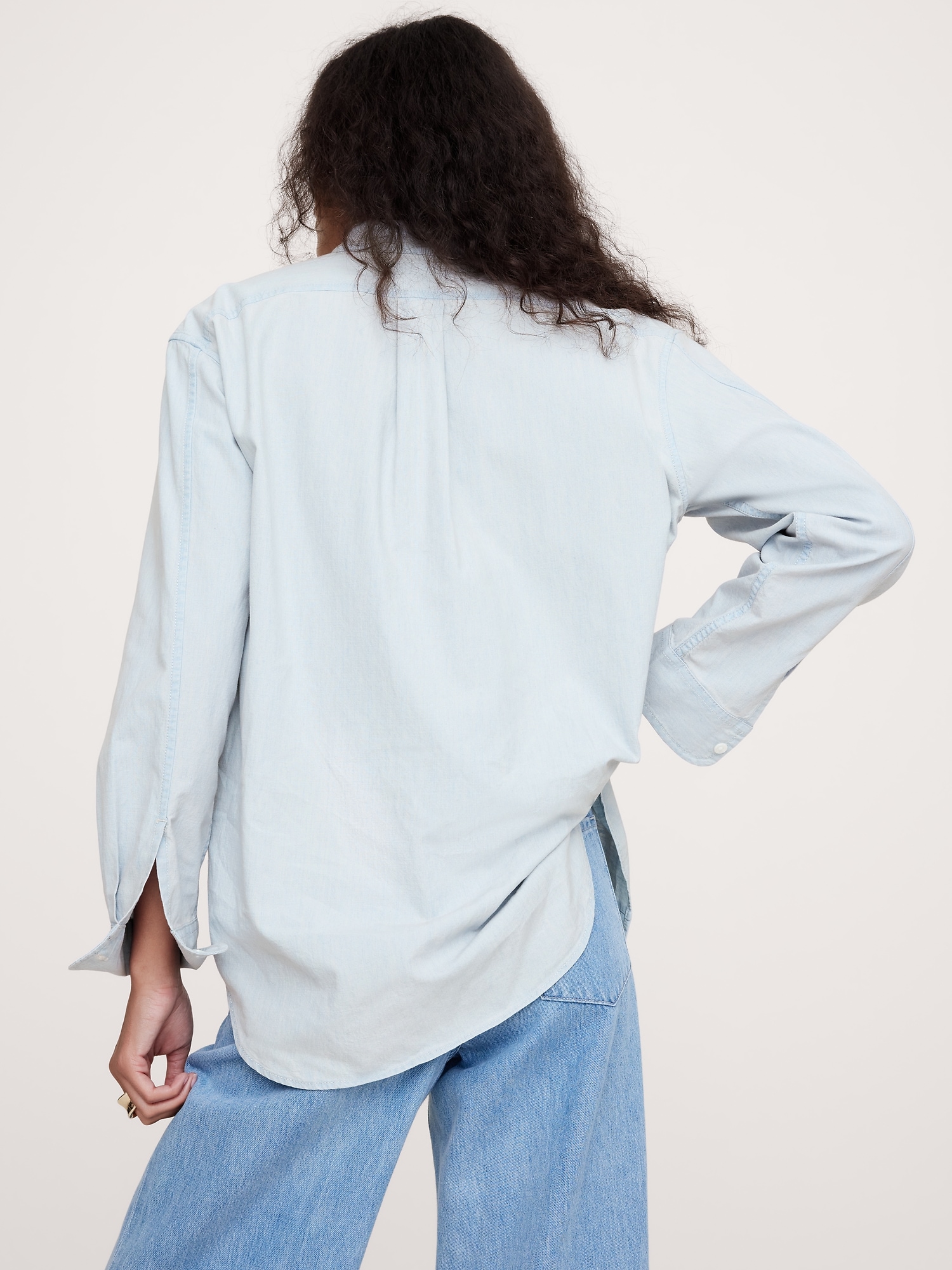 The Oversized Banded-Collar Denim Shirt