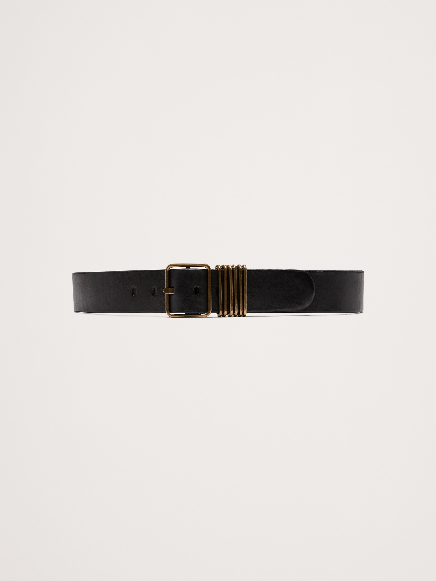 Leather Square-Buckle Waist Belt with 6 Bars