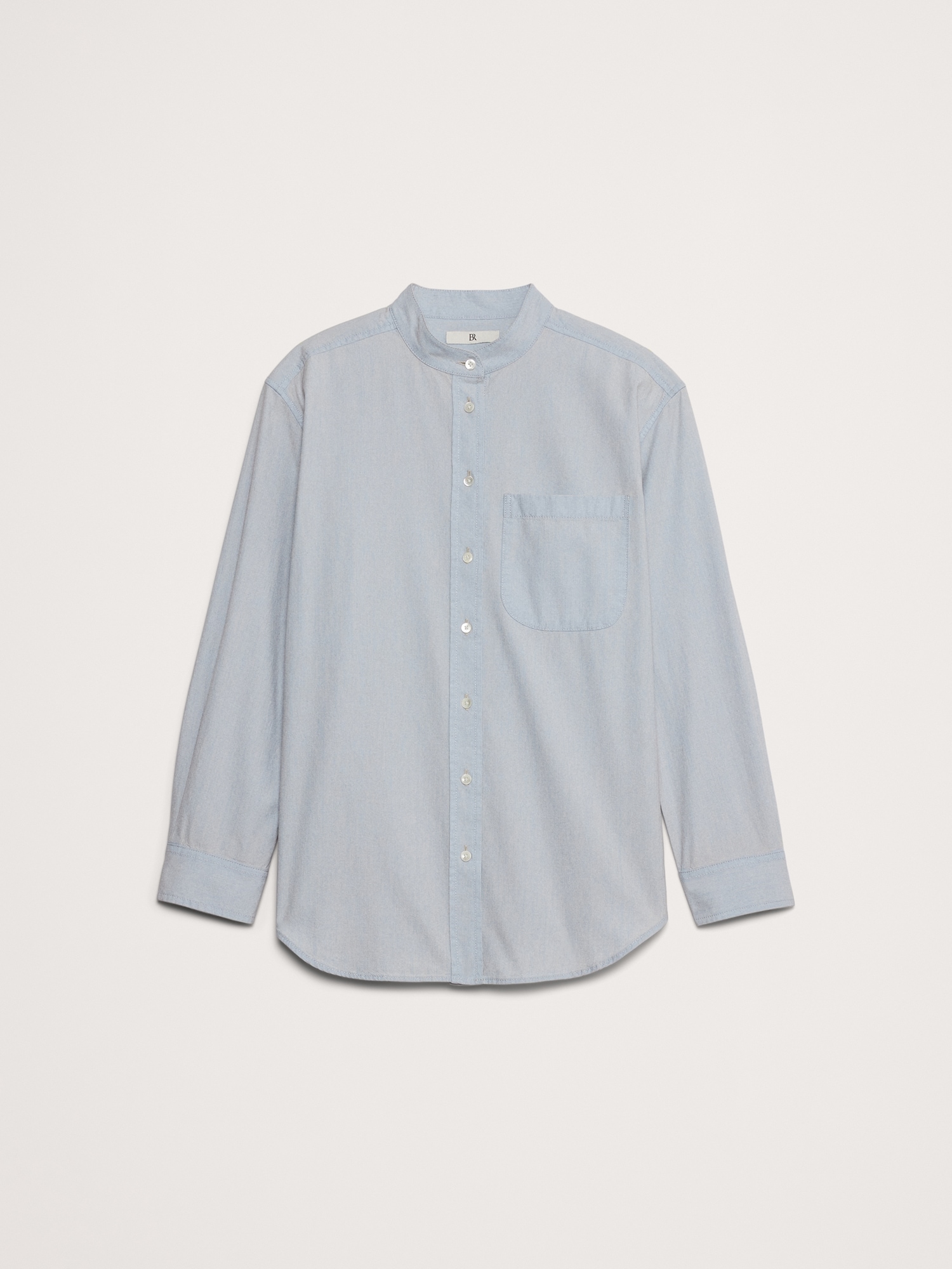 The Oversized Banded-Collar Denim Shirt