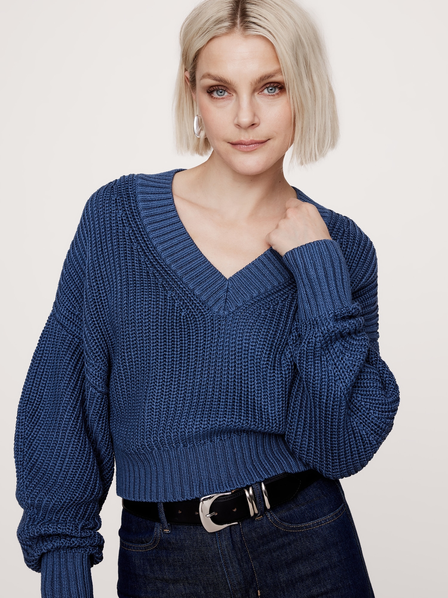 Oversized Cropped V-Neck Cotton Sweater