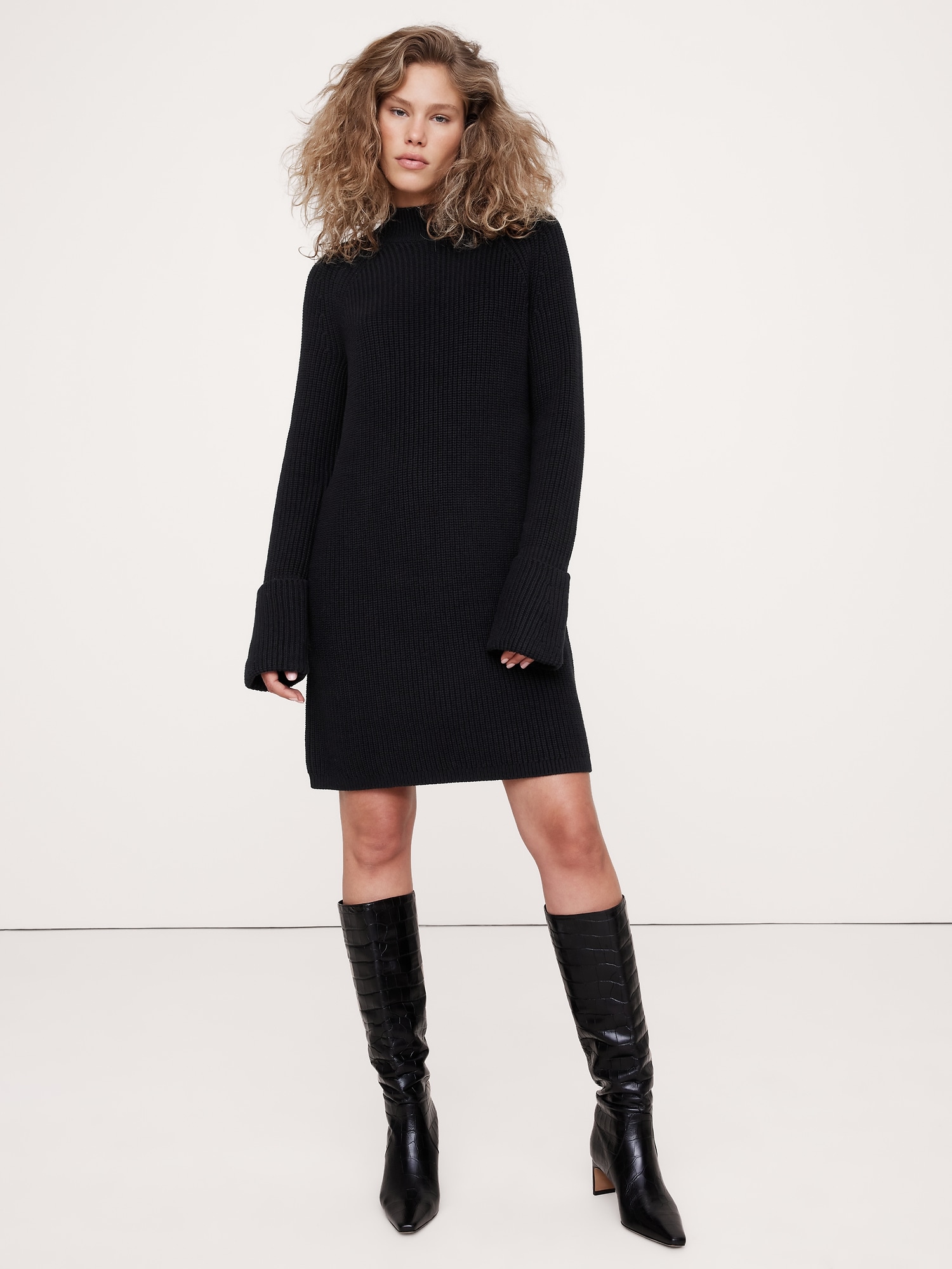 Cotton-Wool Mock-Neck Mini Sweater Dress