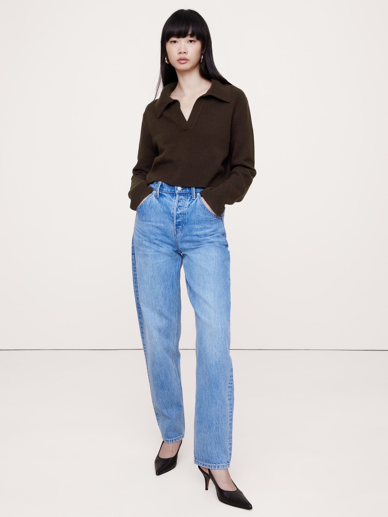 Cashmere Cropped Rugby Sweater Polo Shirt