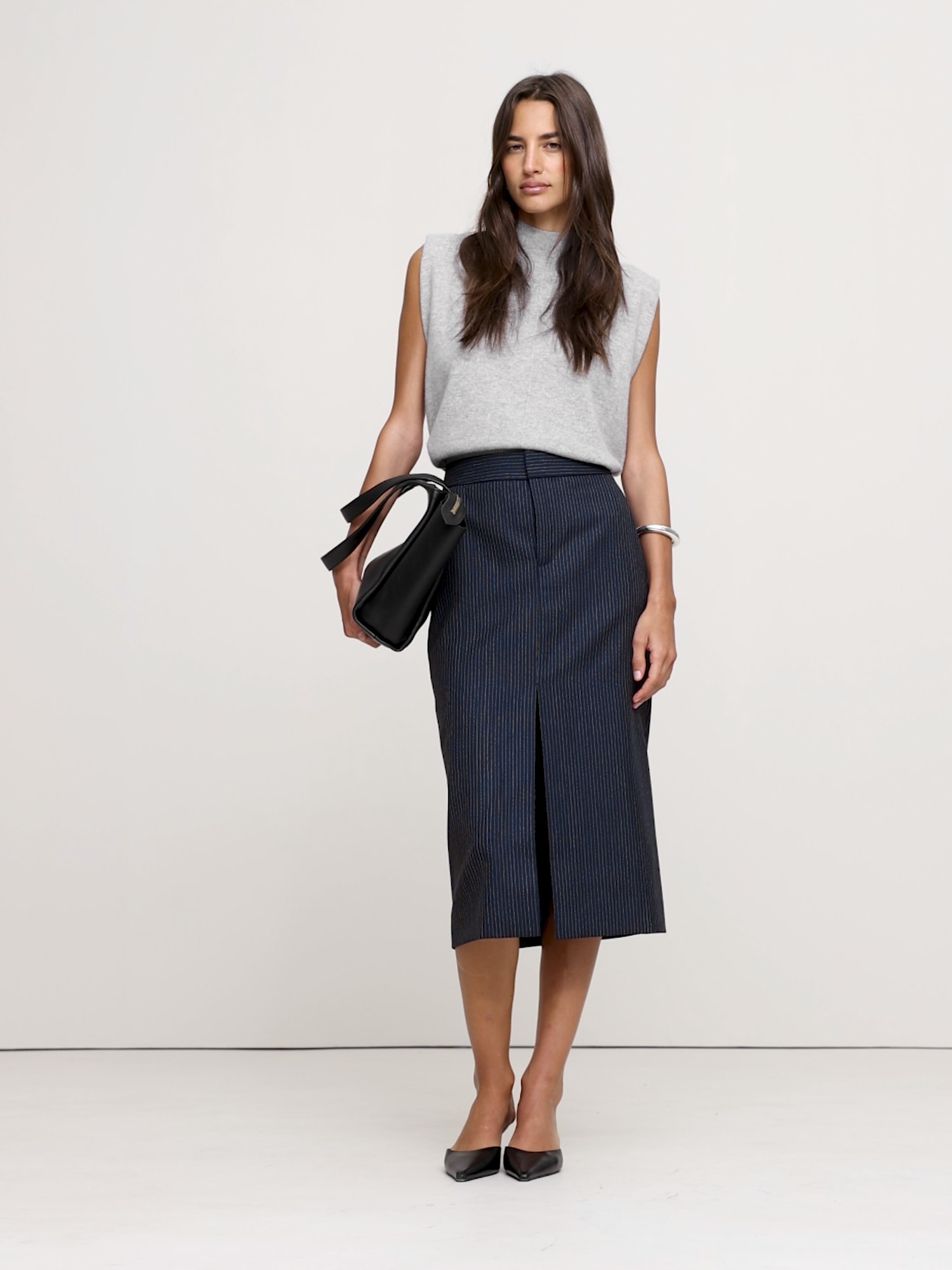 Image number 2 showing, Pinstripe Italian Wool Midi Skirt
