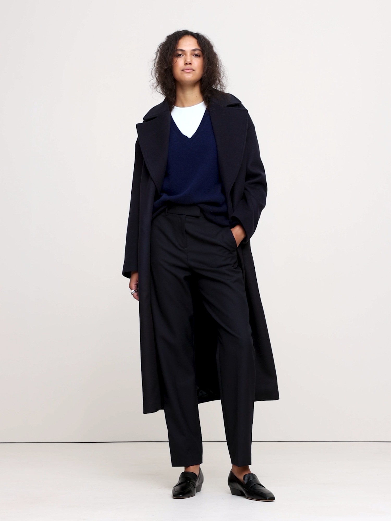 パンツ everyone wool adjustable trousers L Wide Leg Wool Pants, Dark Blue Long Wool Pants, Belted