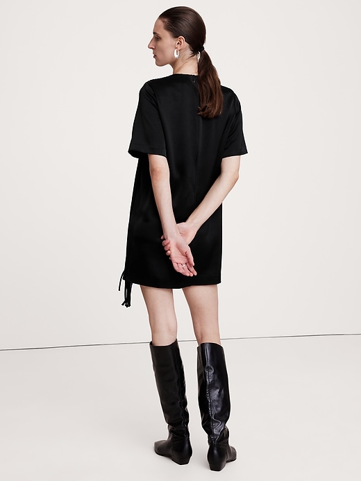 asymmetrical satin dress with fringes Whimsy Asymmetrical Midi Dress Black