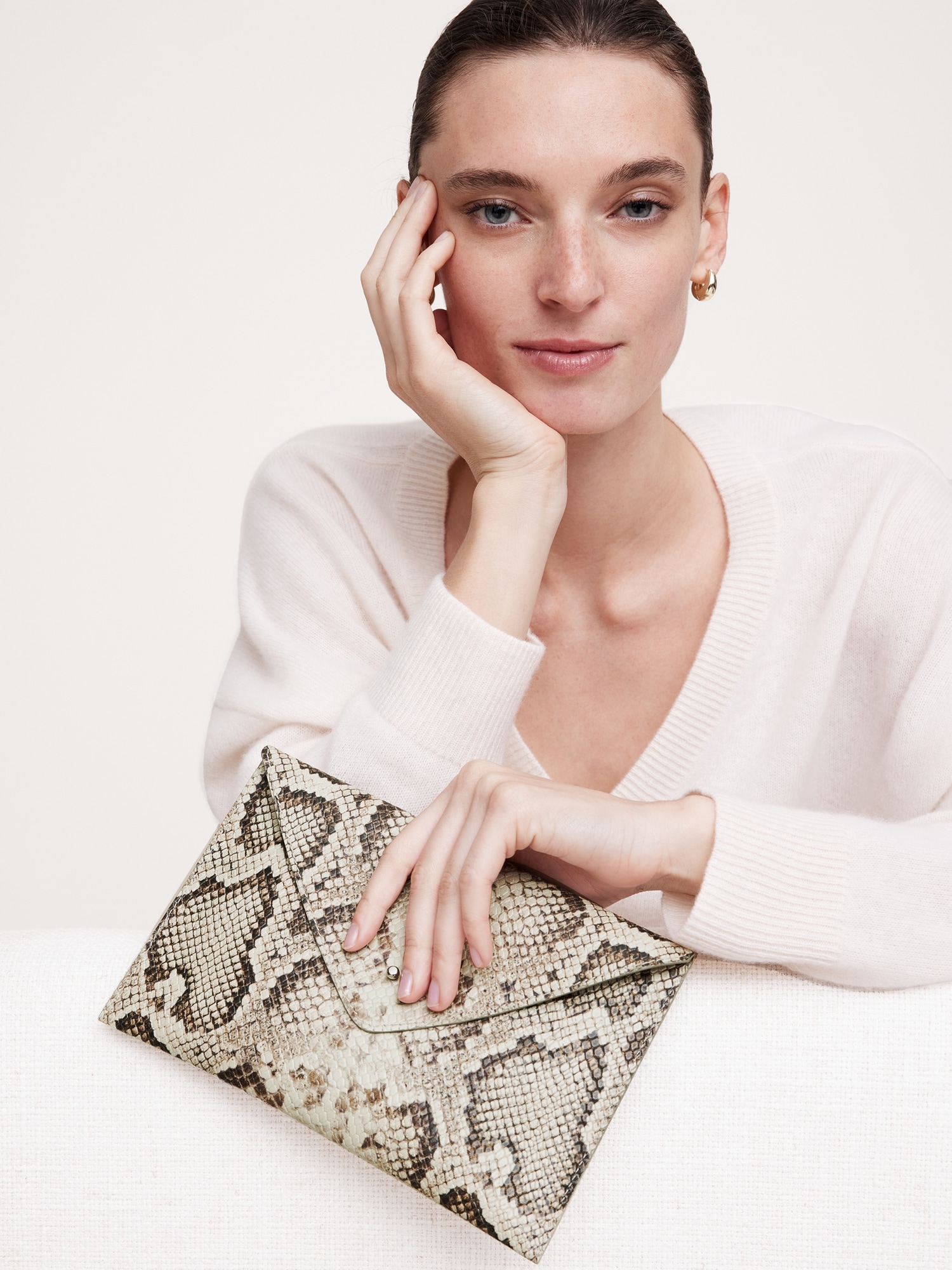 Snake-Print Italian Leather Envelope Pouch