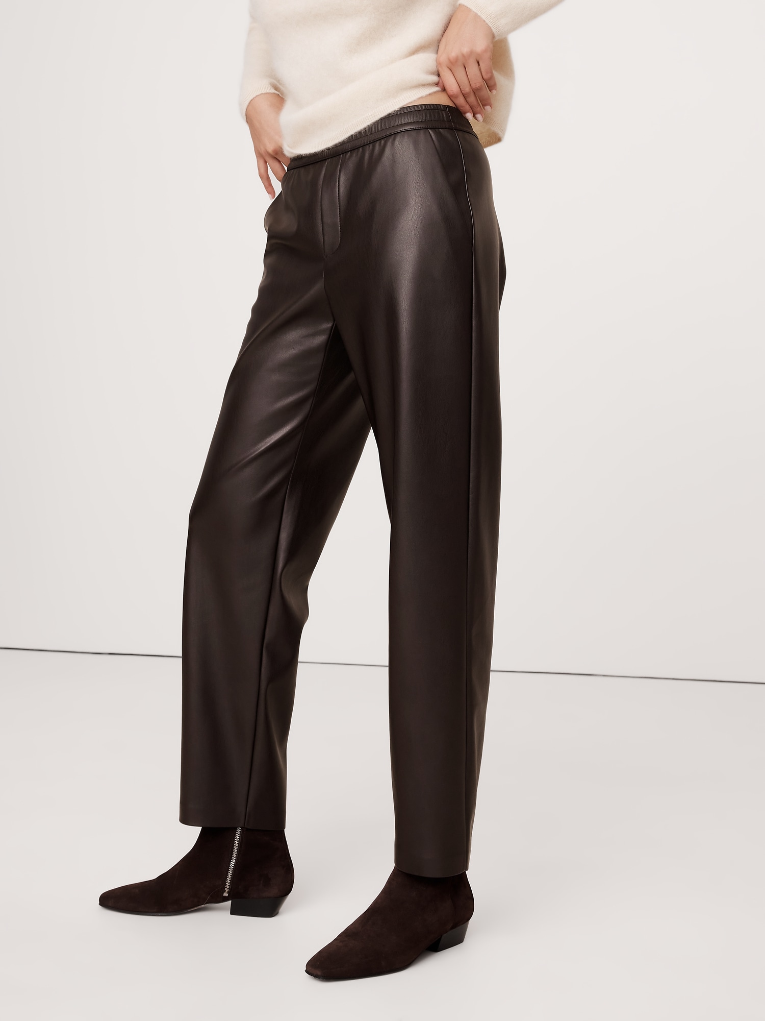 Mid-Rise Slim Vegan Leather Pull-On Pant