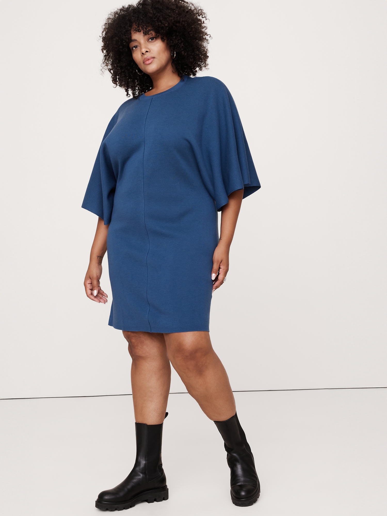 Merino Flutter-Sleeve Mini Sweater Dress