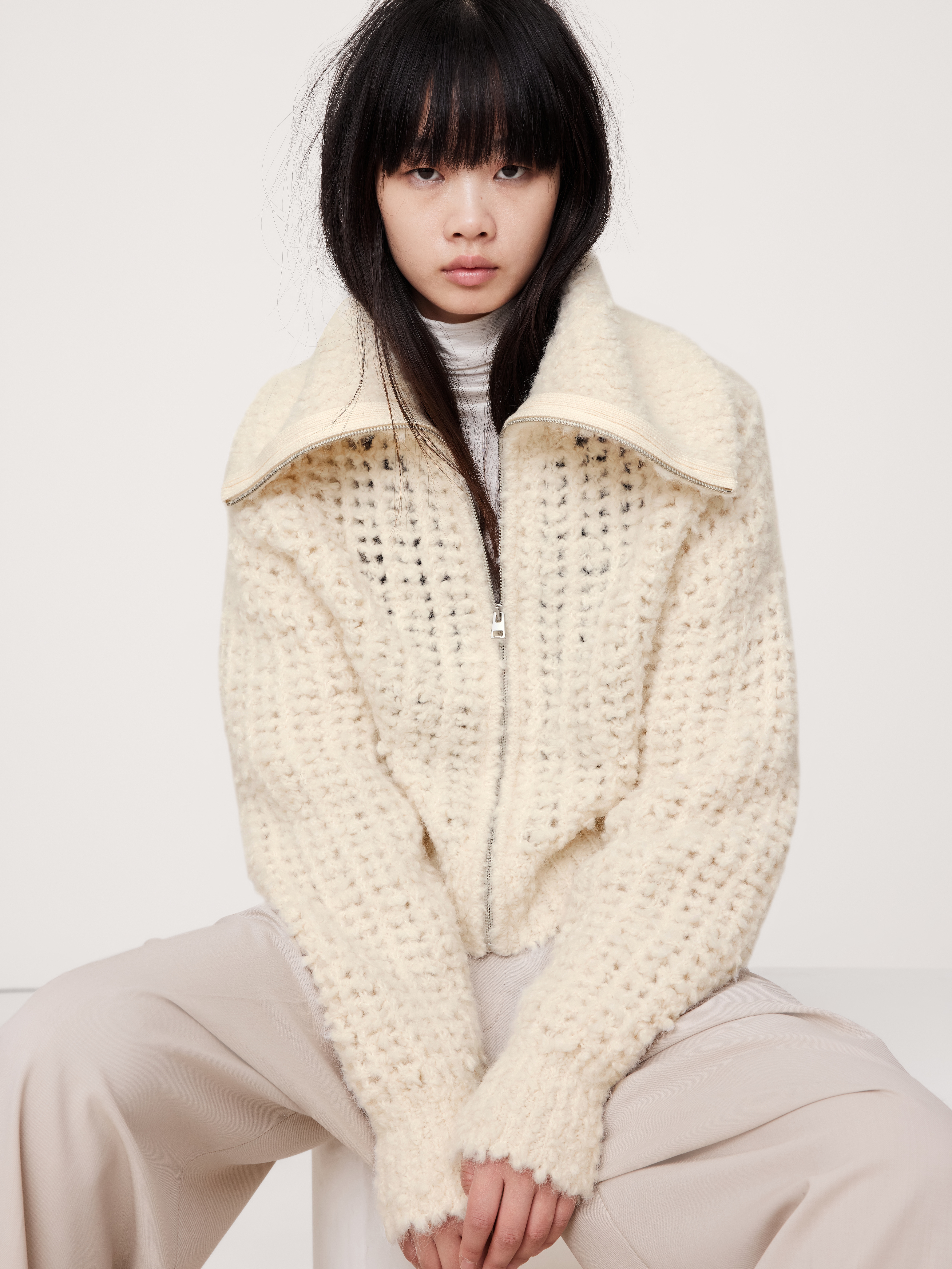 Alpaca-Wool Bouclé Zip-Front Sweater | Banana Republic