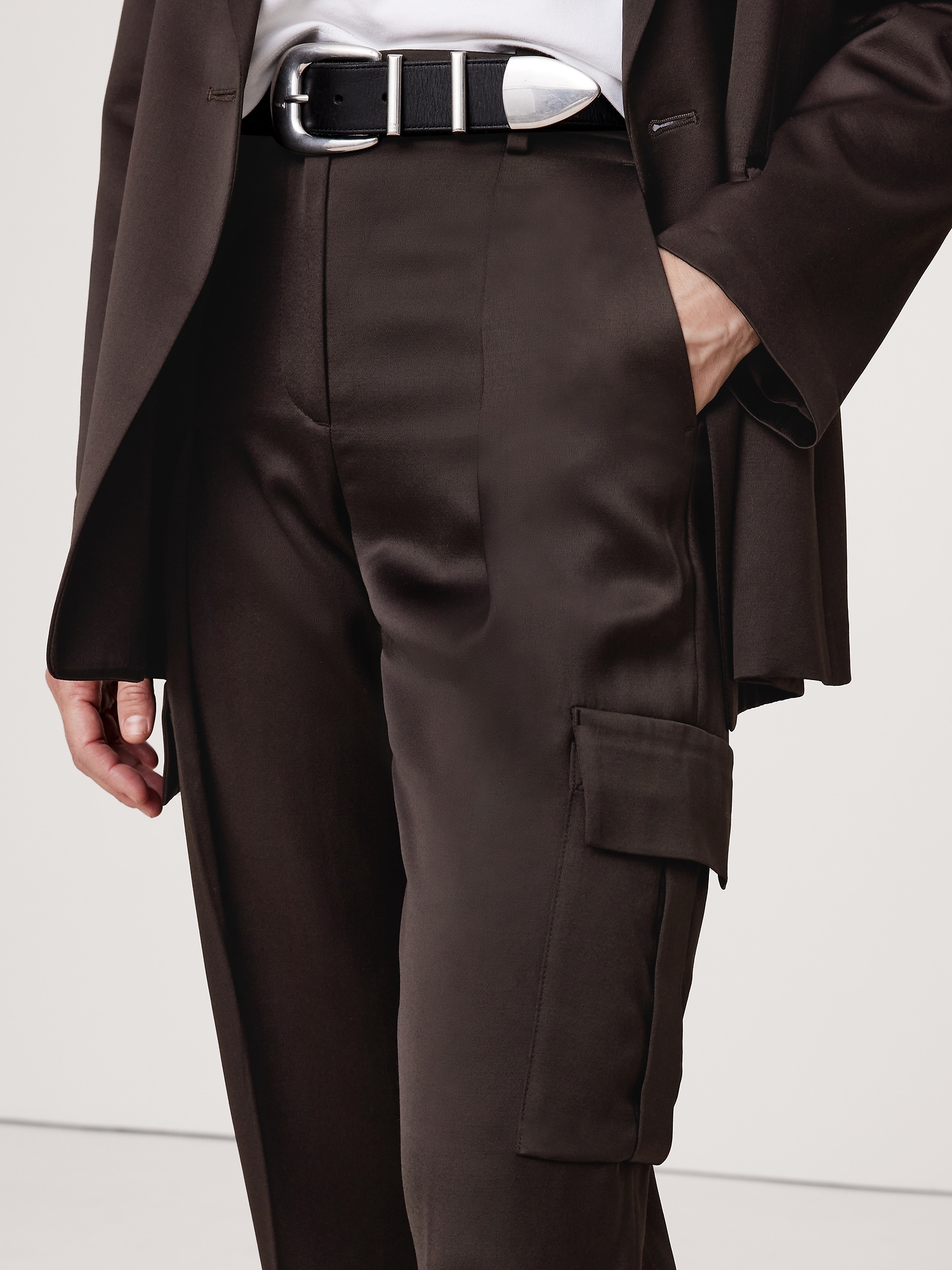 High-Rise Straight Italian Satin Cargo Pant