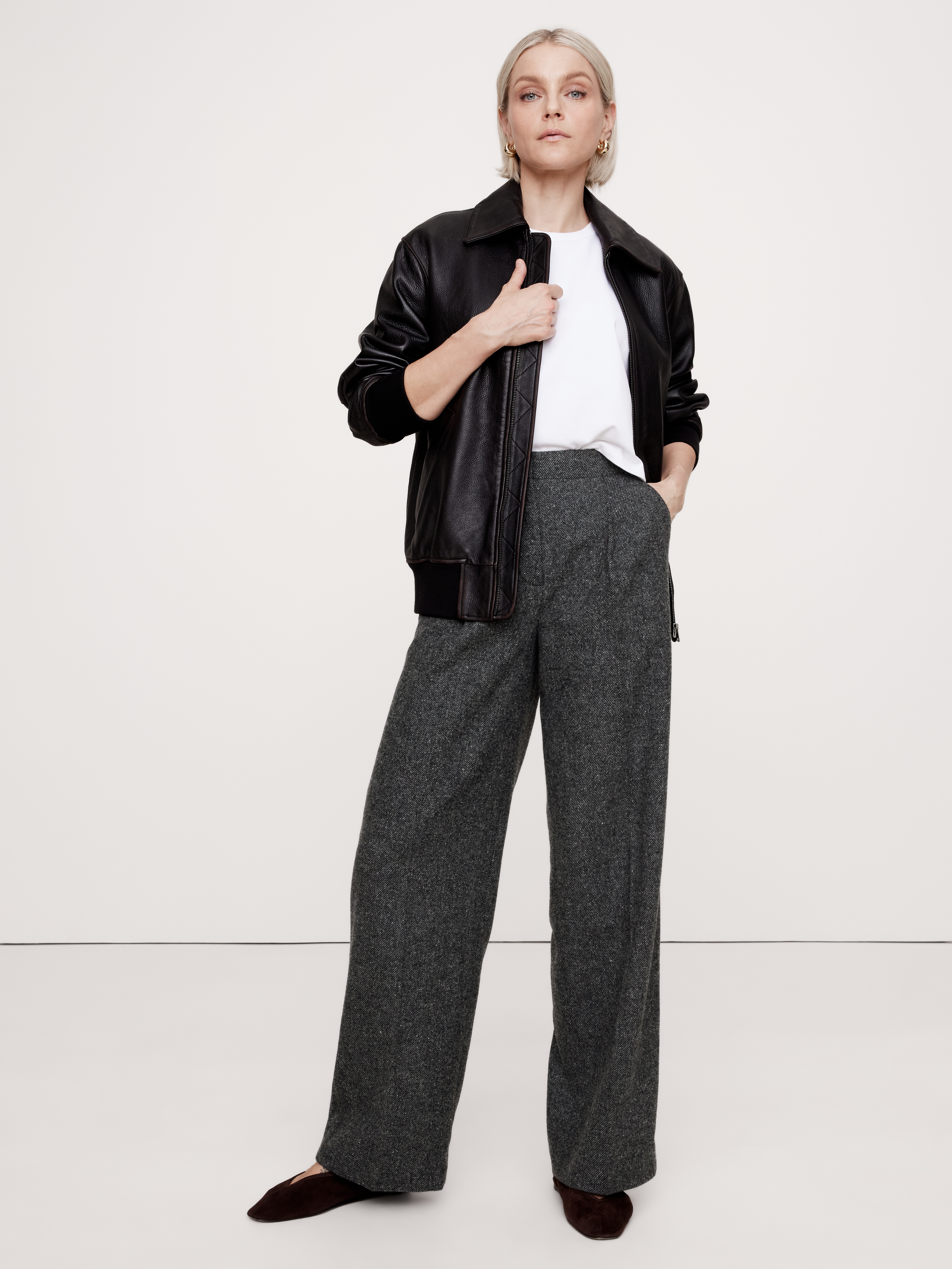 【THE MOZZ】Herringbone Wide Slacks Herringbone Wide Pants