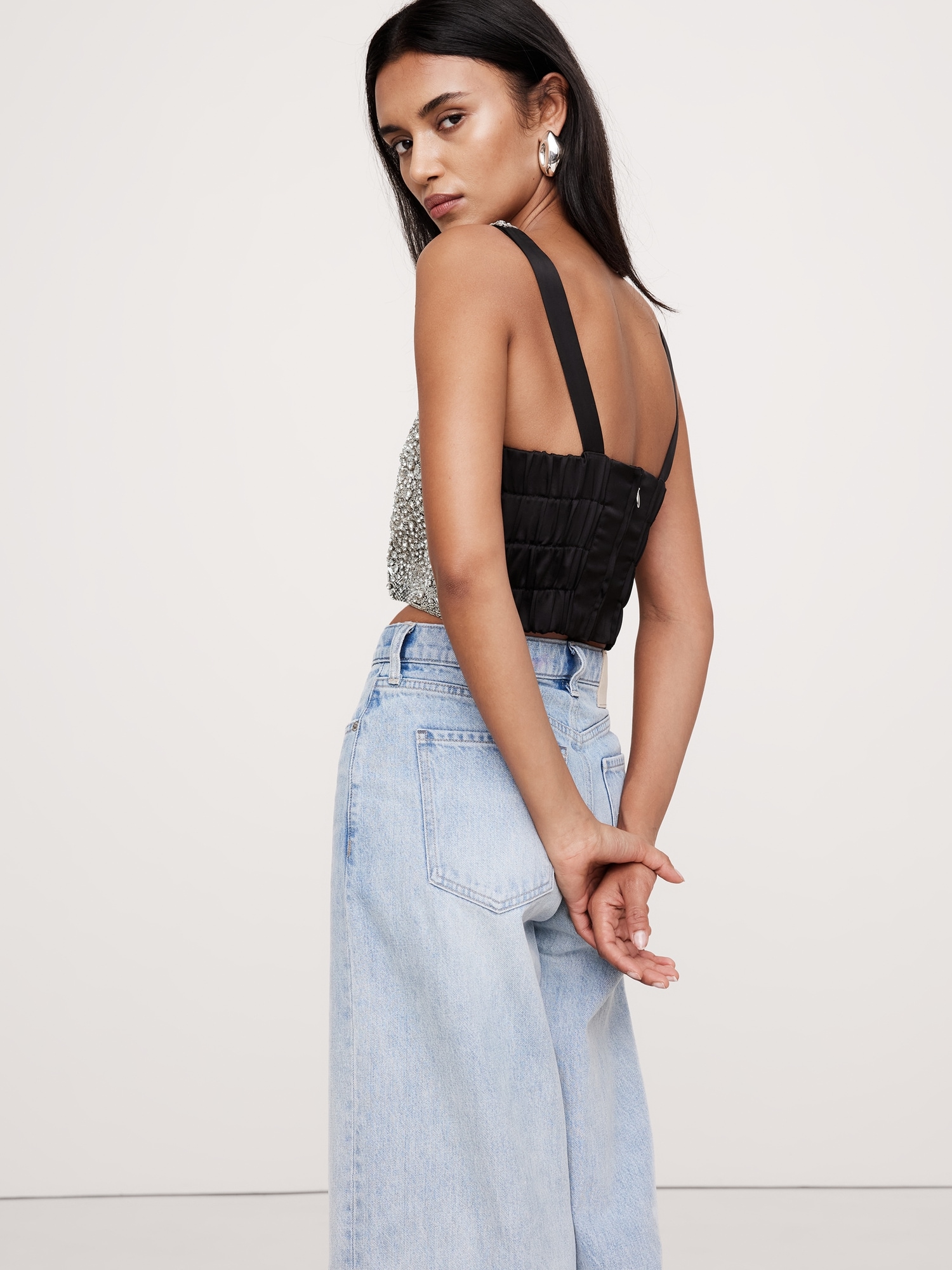 Embellished Satin Square-Neck Cropped Tank