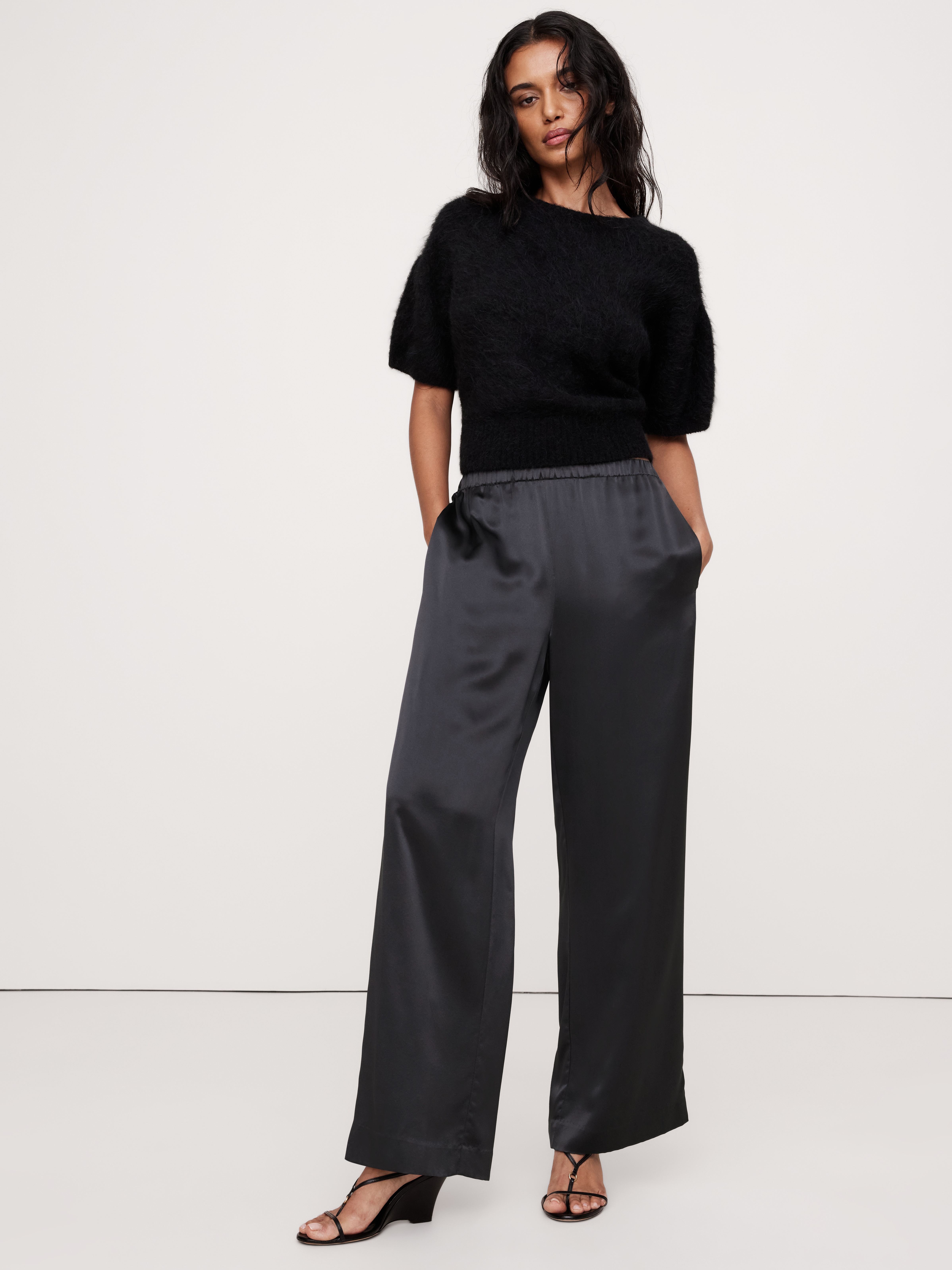 【BAON】[unisex] Popu Banding Wide Pants CBDAO Women's Gothic Pants Black and White High Waisted