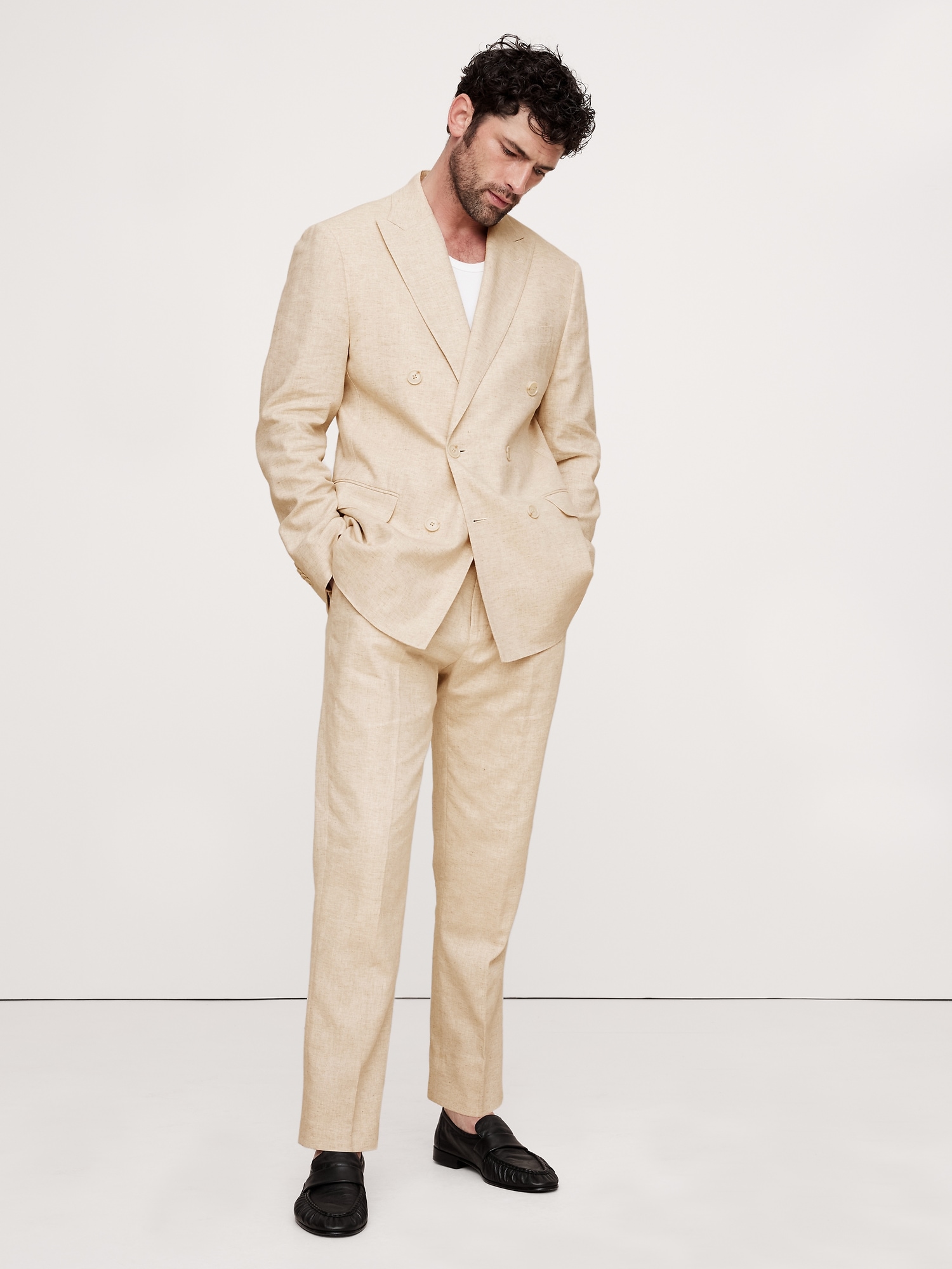 Herringbone Cotton-Linen Double-Breasted Suit Jacket