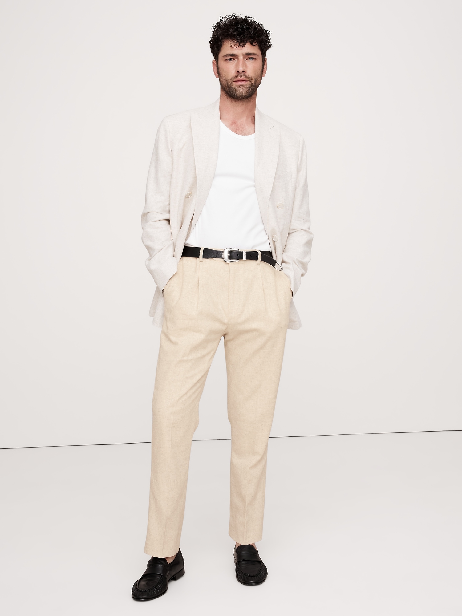 Herringbone Cotton-Linen Relaxed Suit Pant