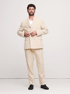 Herringbone Cotton-Linen Double-Breasted Suit Jacket - Beige - View 56