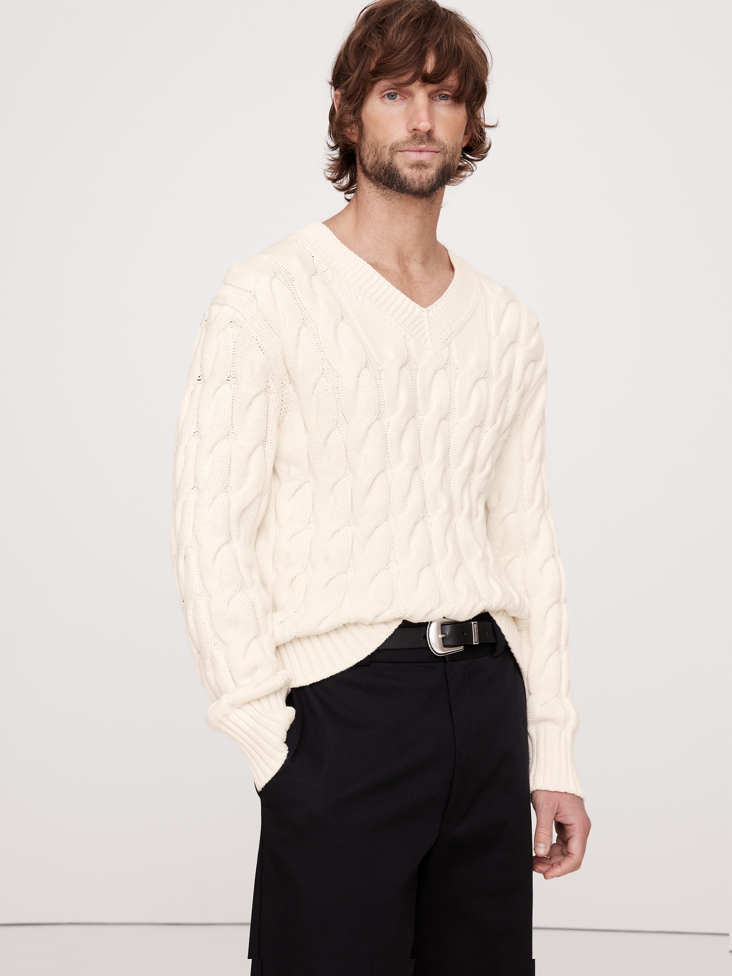 Relaxed Cable-Knit Cotton-Blend V-Neck Sweater