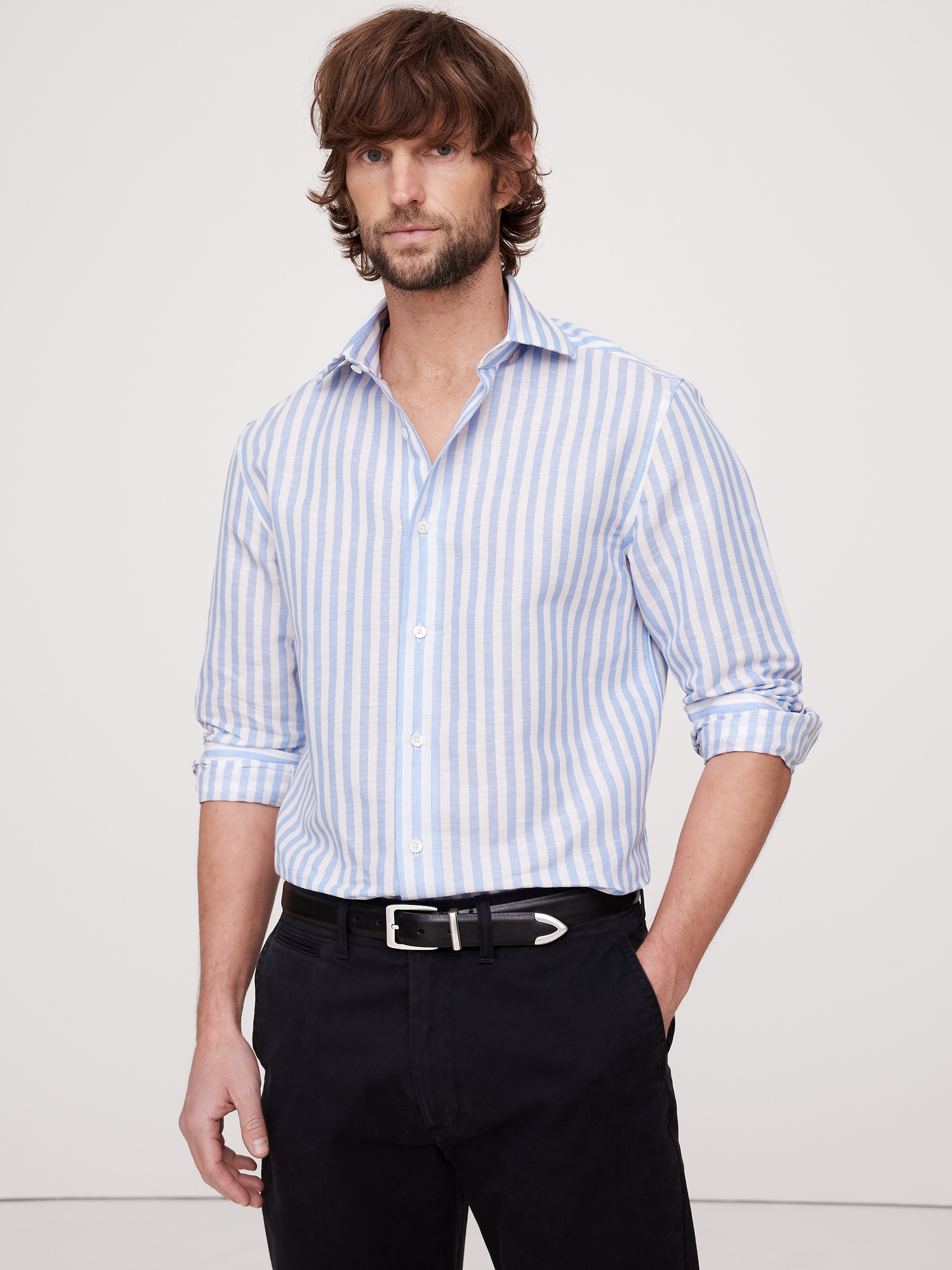 Slim-Fit Linen-Cotton Dress Shirt with Cutaway Collar