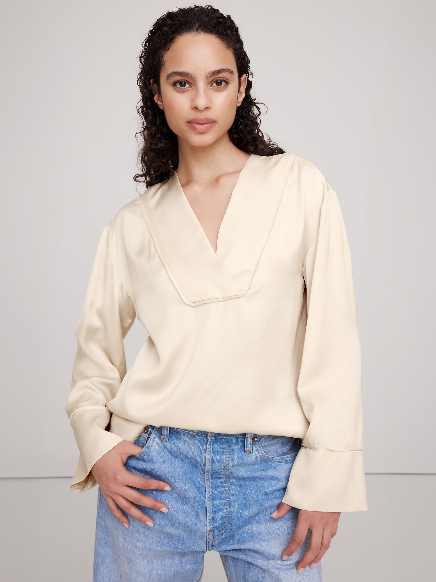 Relaxed Satin V-Neck Top