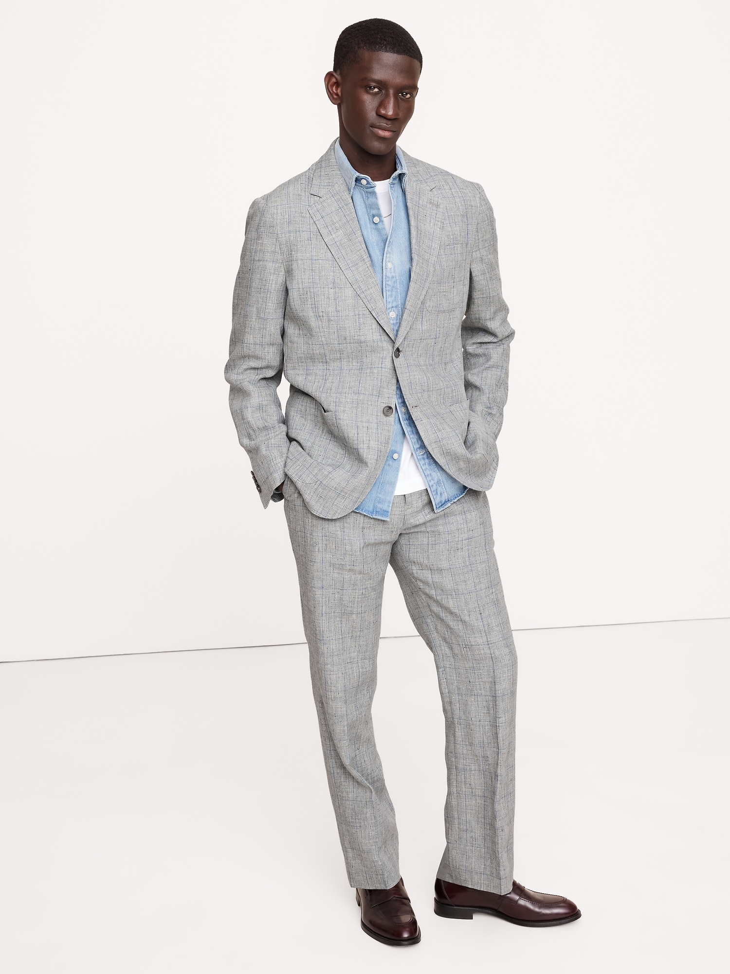 Straight Plaid Linen Suit Pant