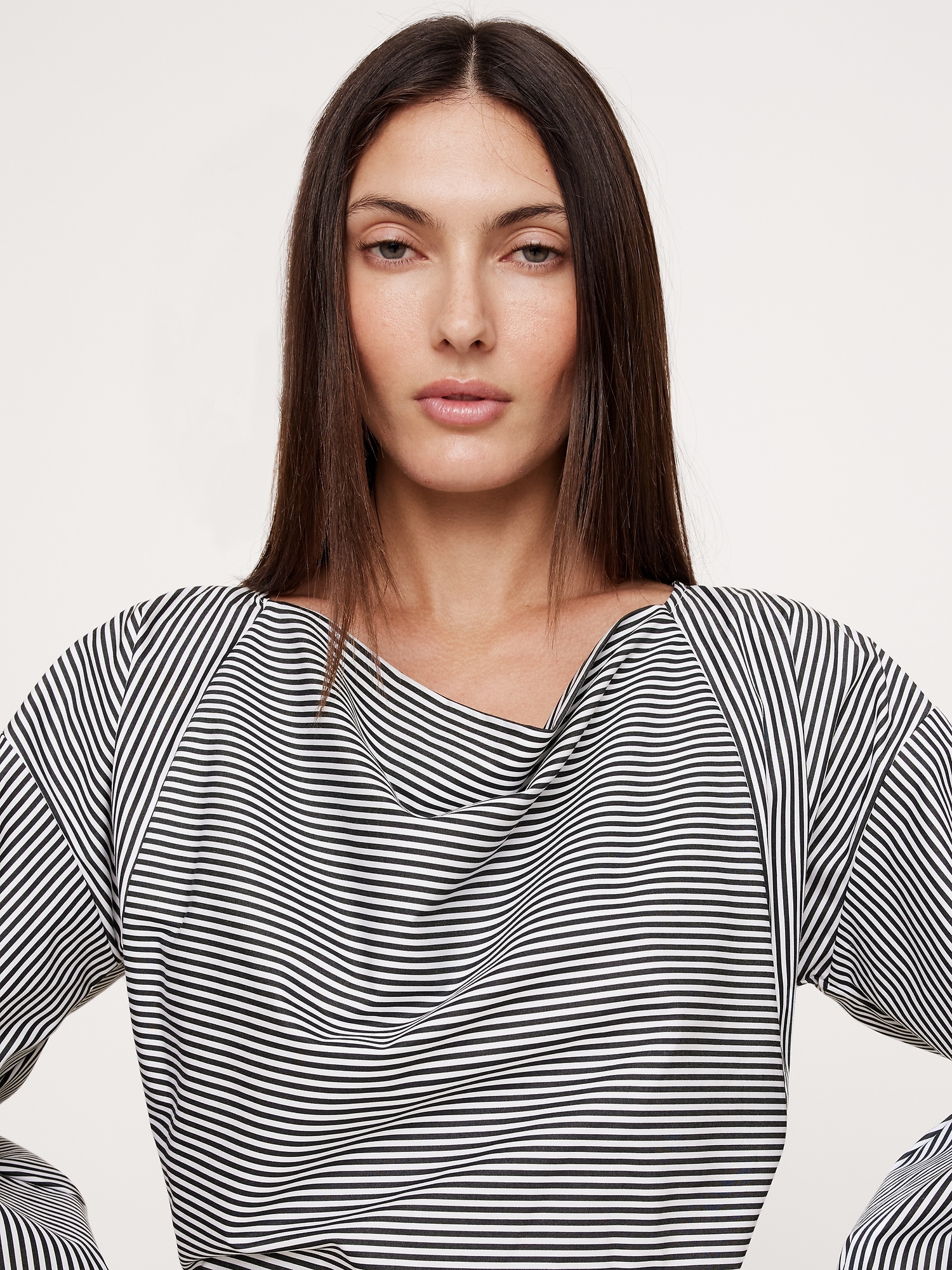 Reversible Poplin Cowl-Neck Tie-Waist Top