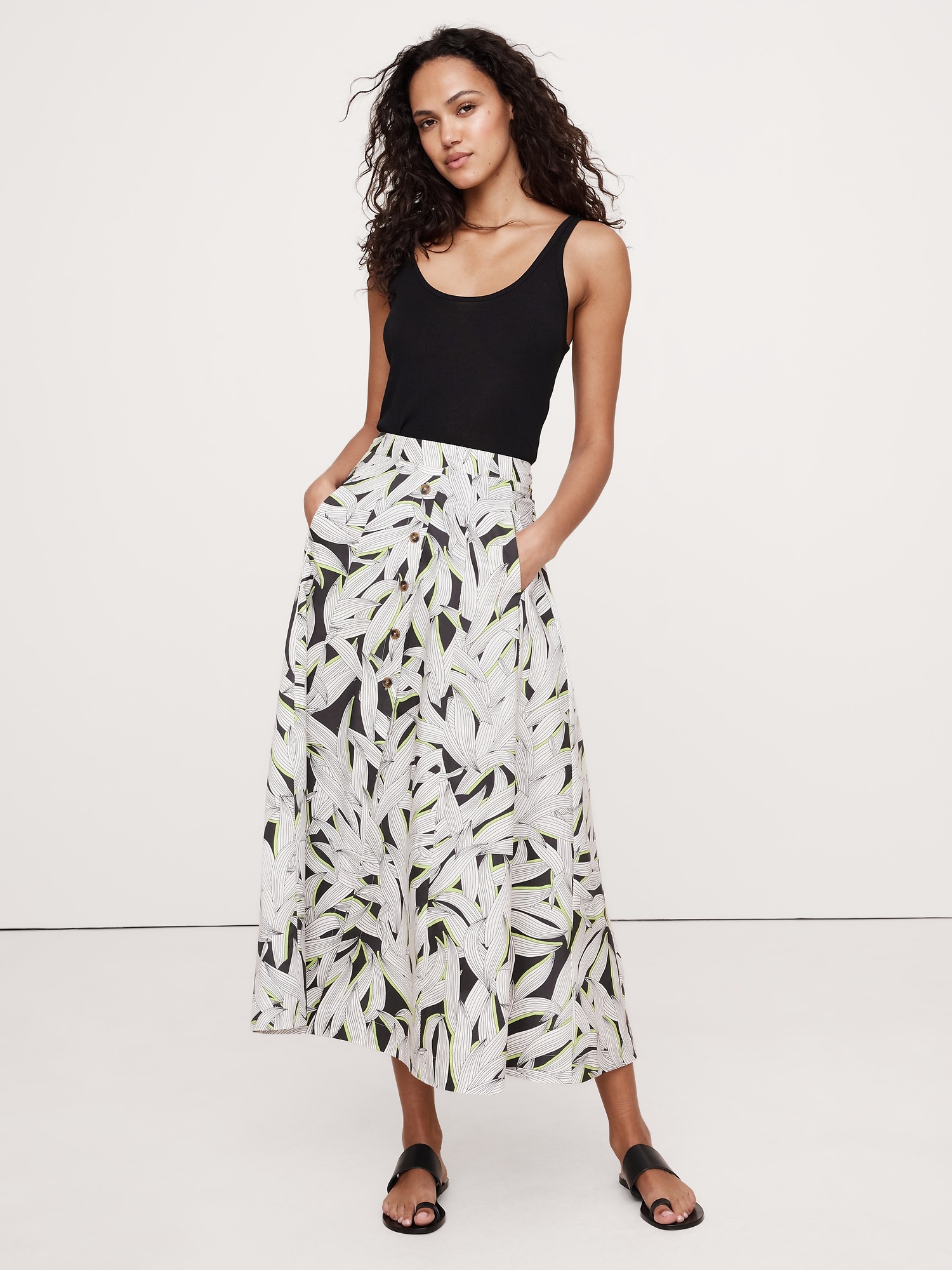 Poplin Button-Down Long Midi Skirt