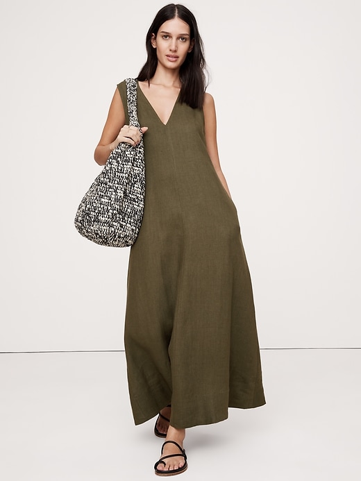 party makeup with sea green dress Papavero Linen Maxi Dress in Slate by Free Angel - Kindred Spirit main image 1