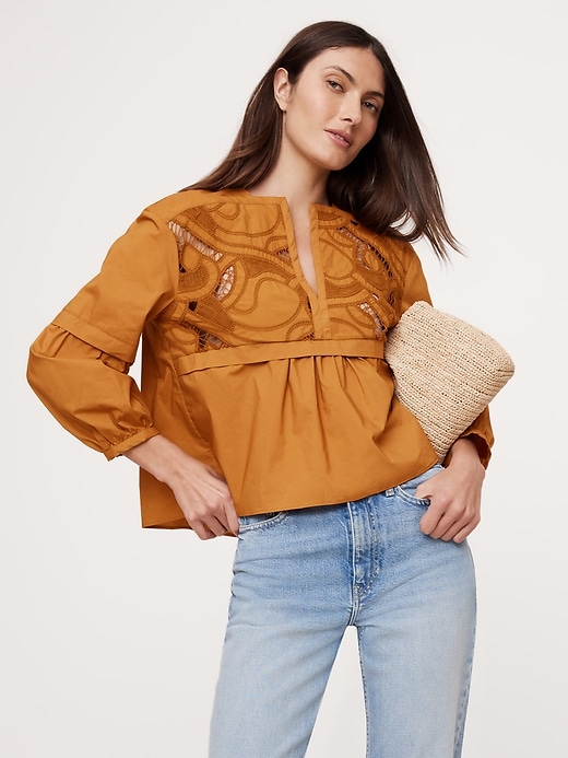 Embroidered Cotton Poplin Popover Top | Banana Republic