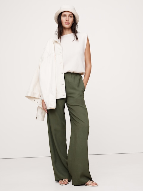 Pull-On Wide-Leg Drapey Twill Pant