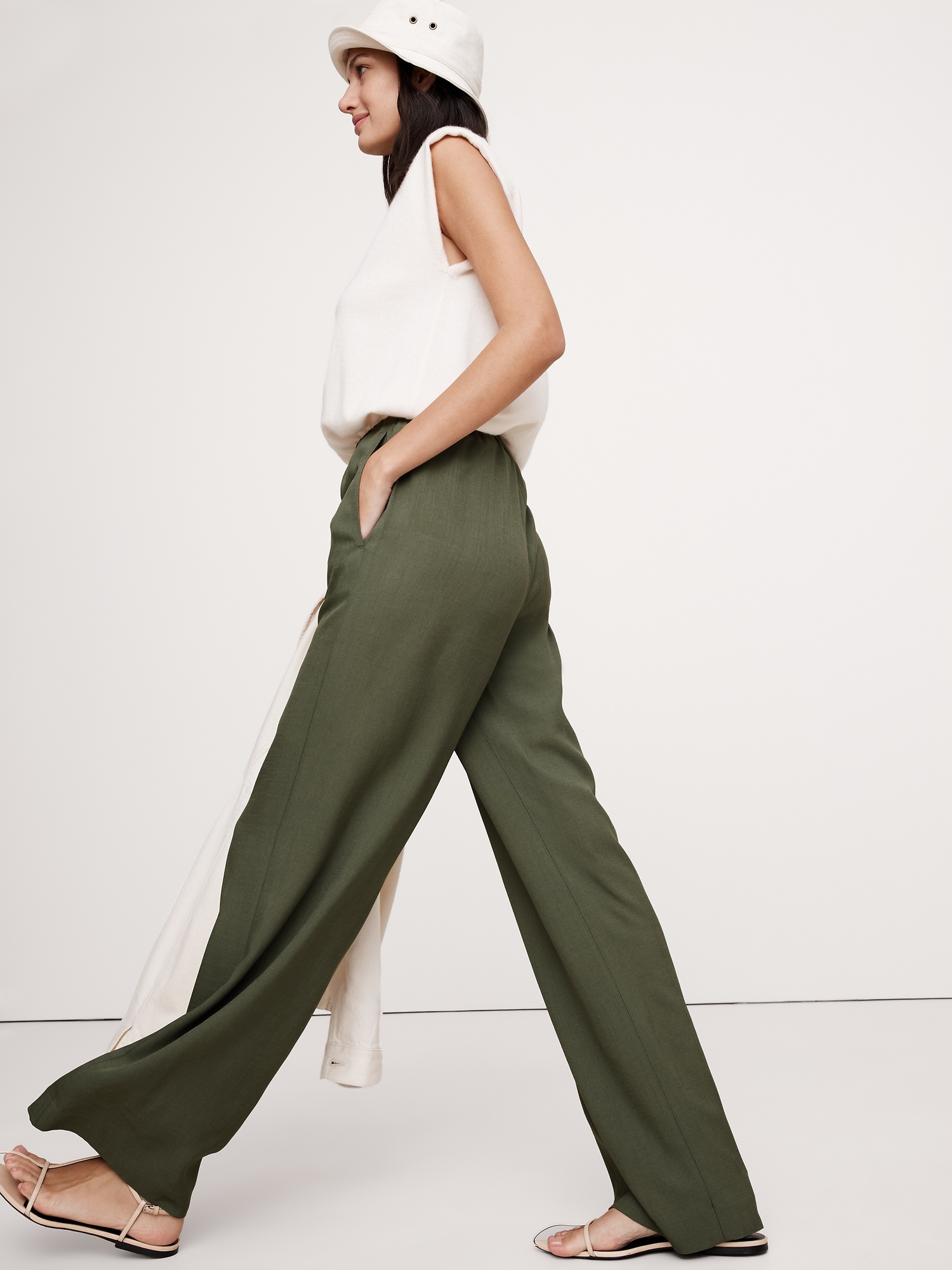 Pull-On Wide-Leg Drapey Twill Pant