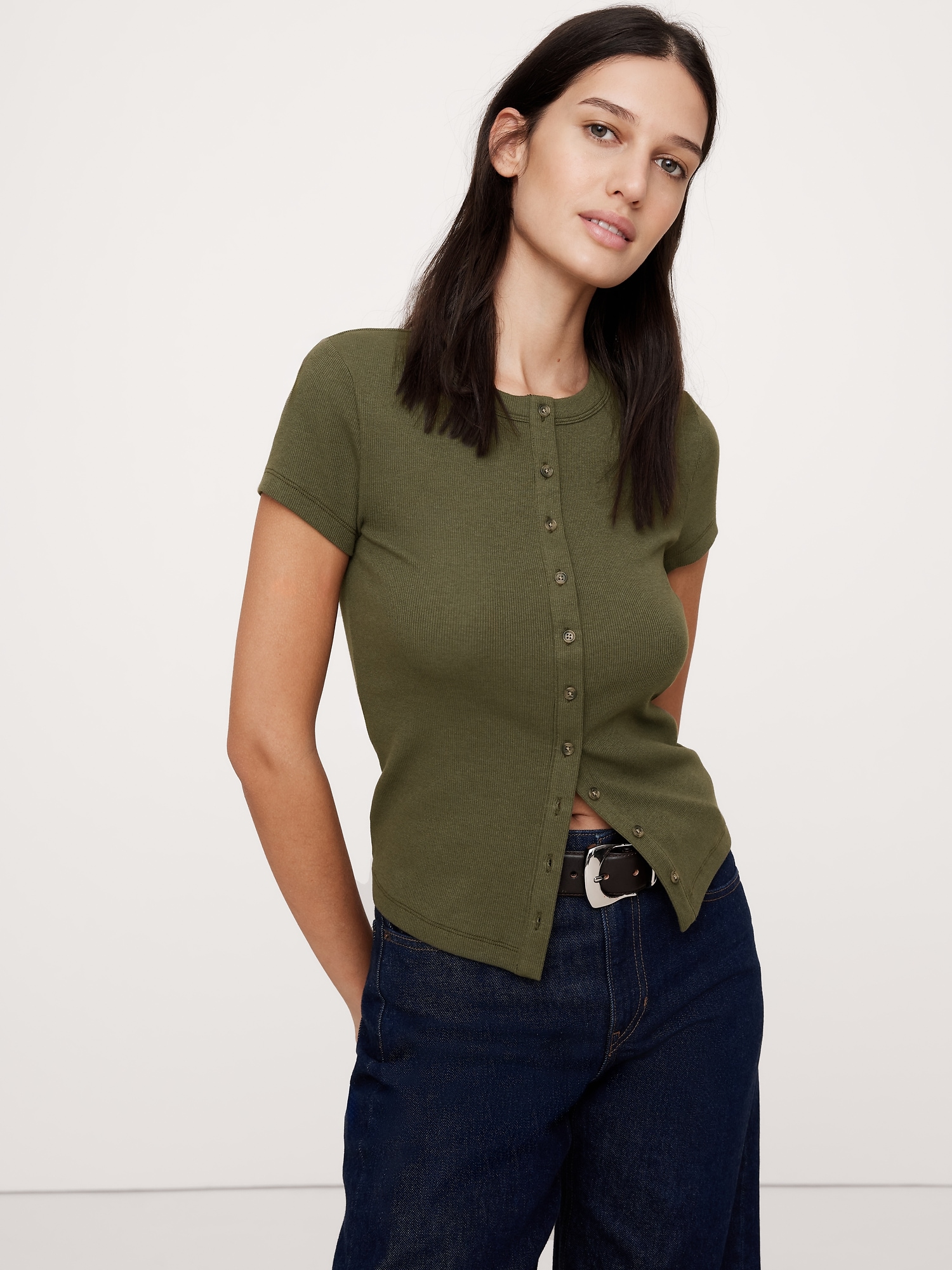 Ribbed Short-Sleeve Button-Down Top