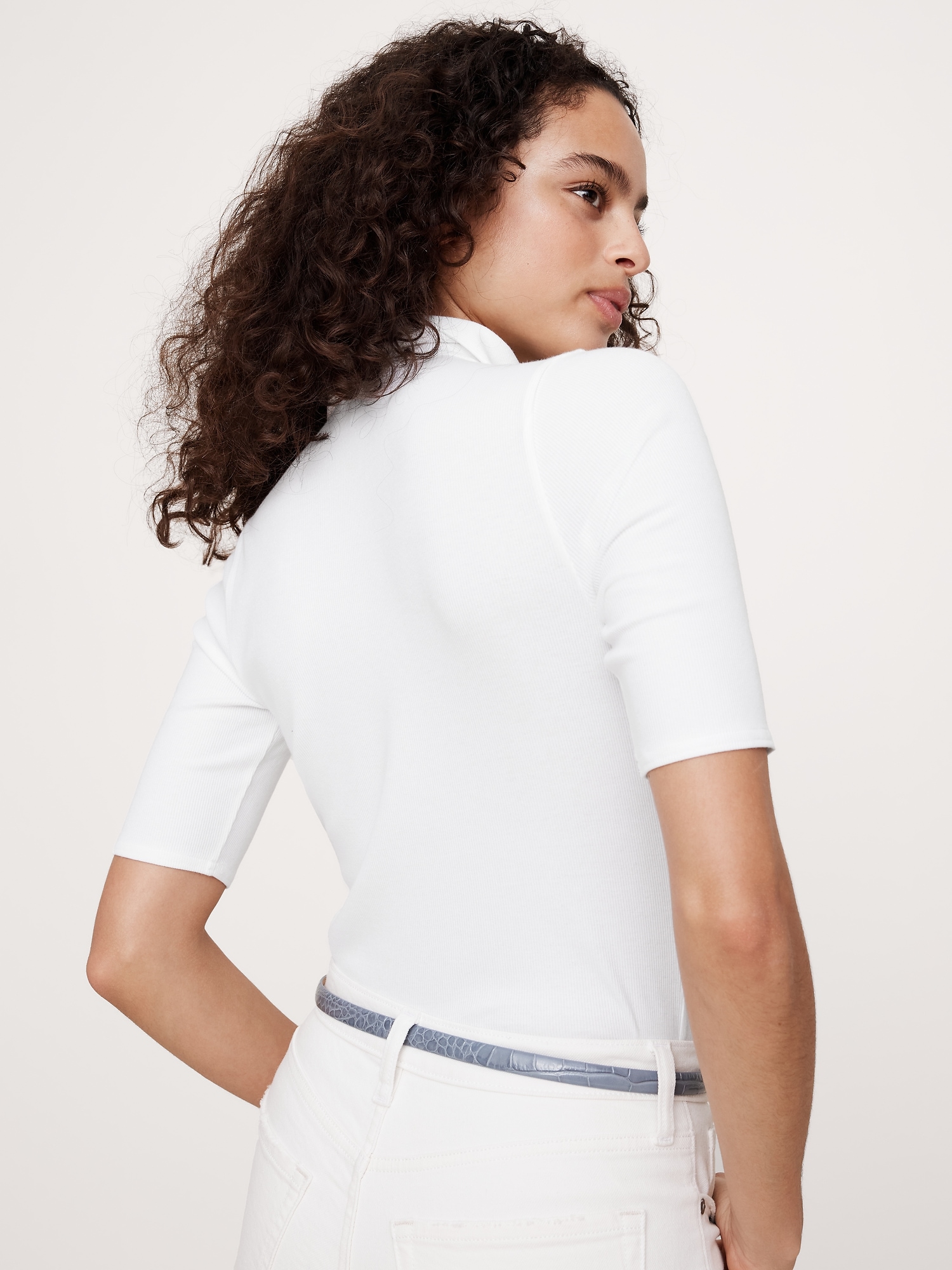 Ribbed Elbow-Sleeve Polo