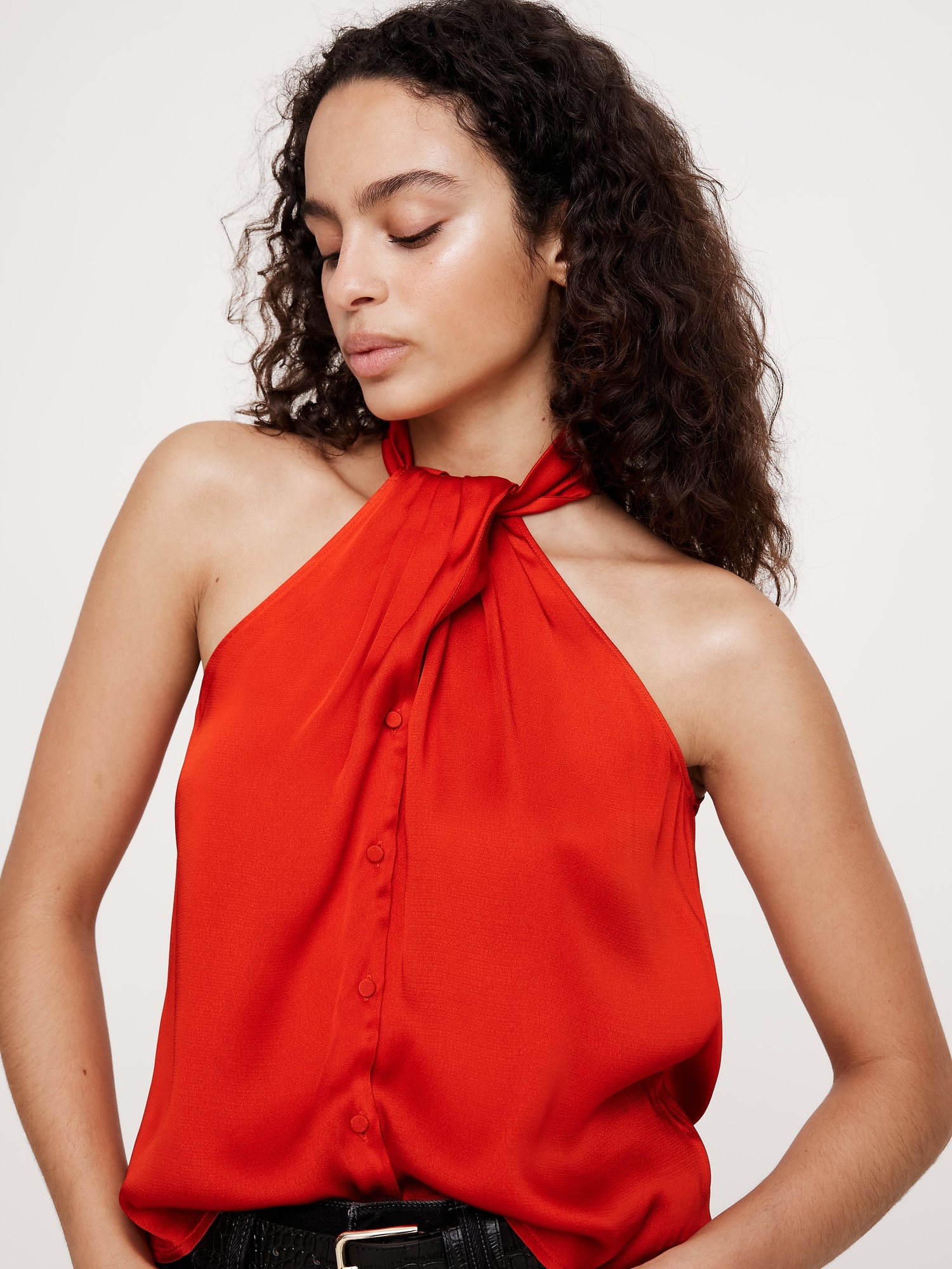 Hammered Satin Halter Button-Down Top