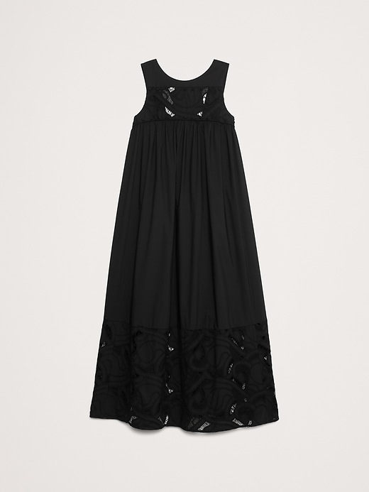 rubberized embroidered poplin dress Poplin Midi Dress With Embroidered Hem and Tie Straps-Black XXS