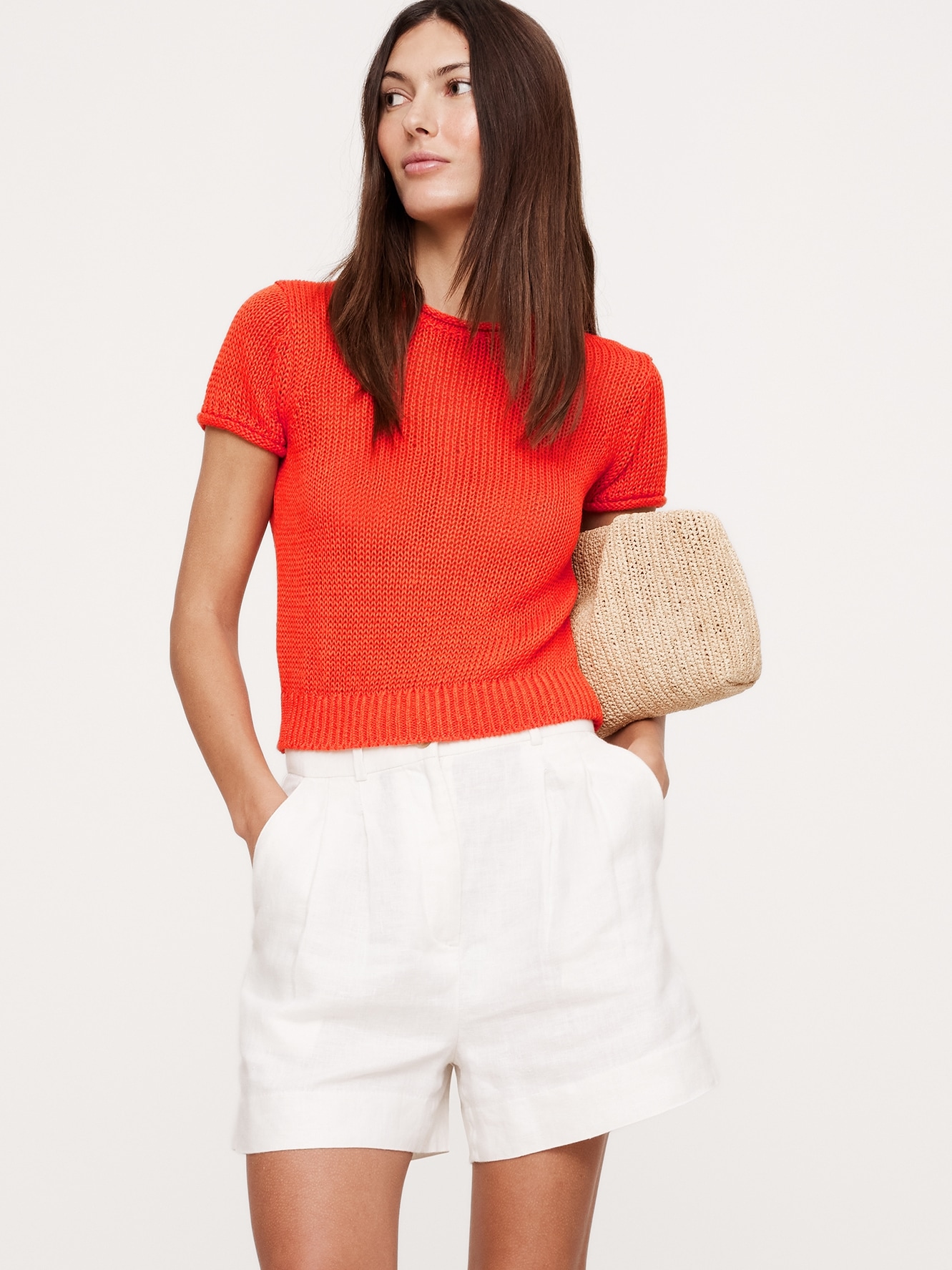 Fitted Linen Short-Sleeve Sweater