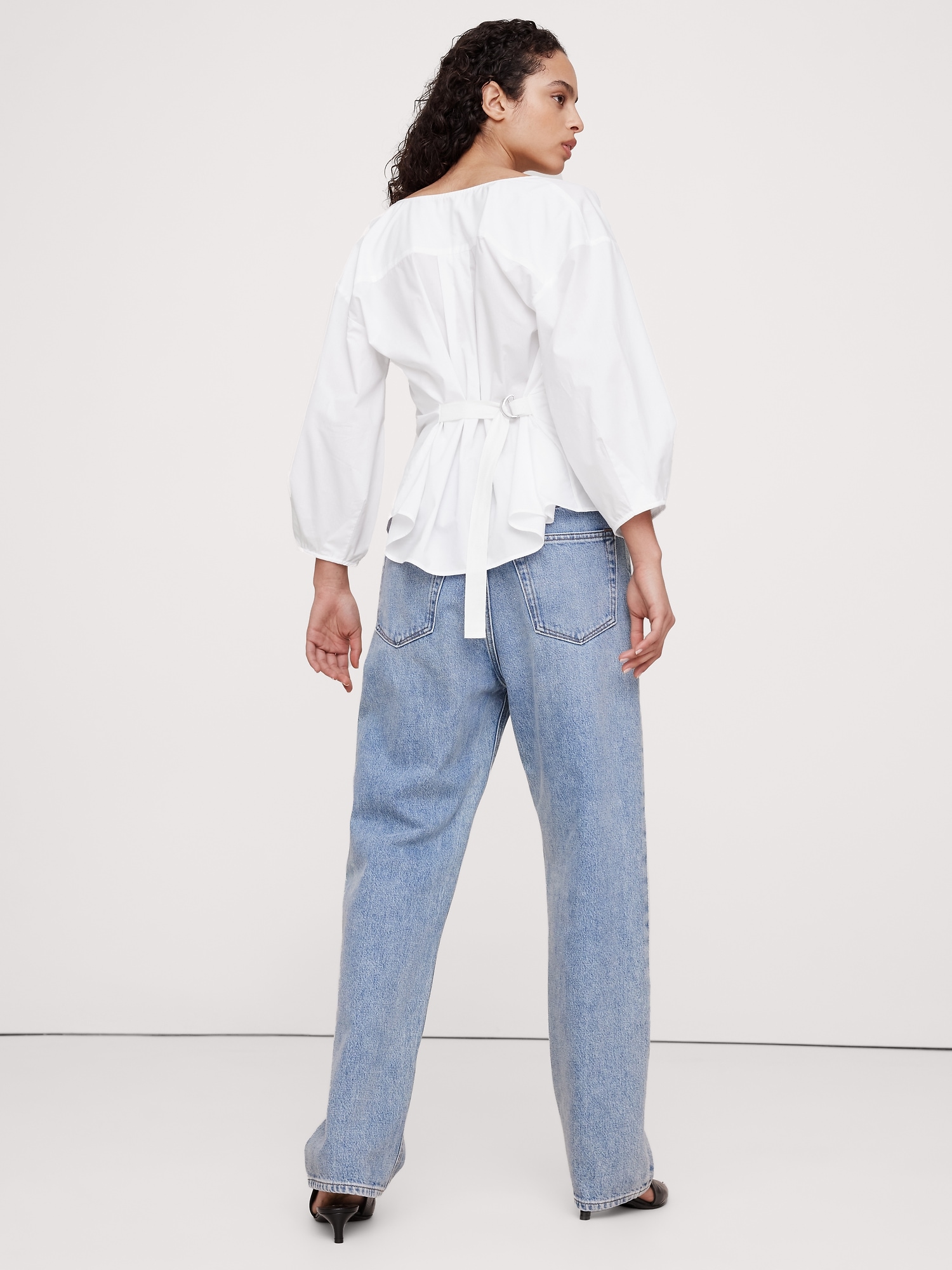 Reversible Poplin Cowl-Neck Tie-Waist Top