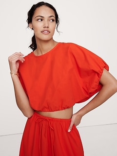 トップス WASHABLE BALLOON CROPPED SHIRT BAODANN Women Casual Solid Color Blouse Drawstring Balloon