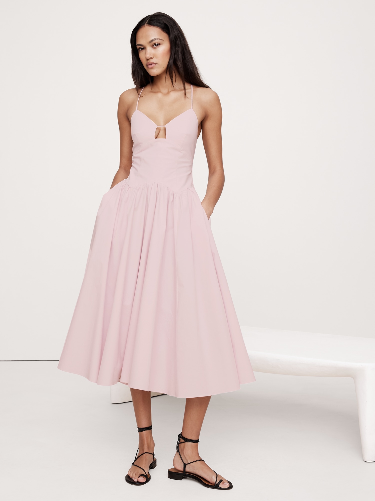 Stretch-Poplin Long Midi Dress