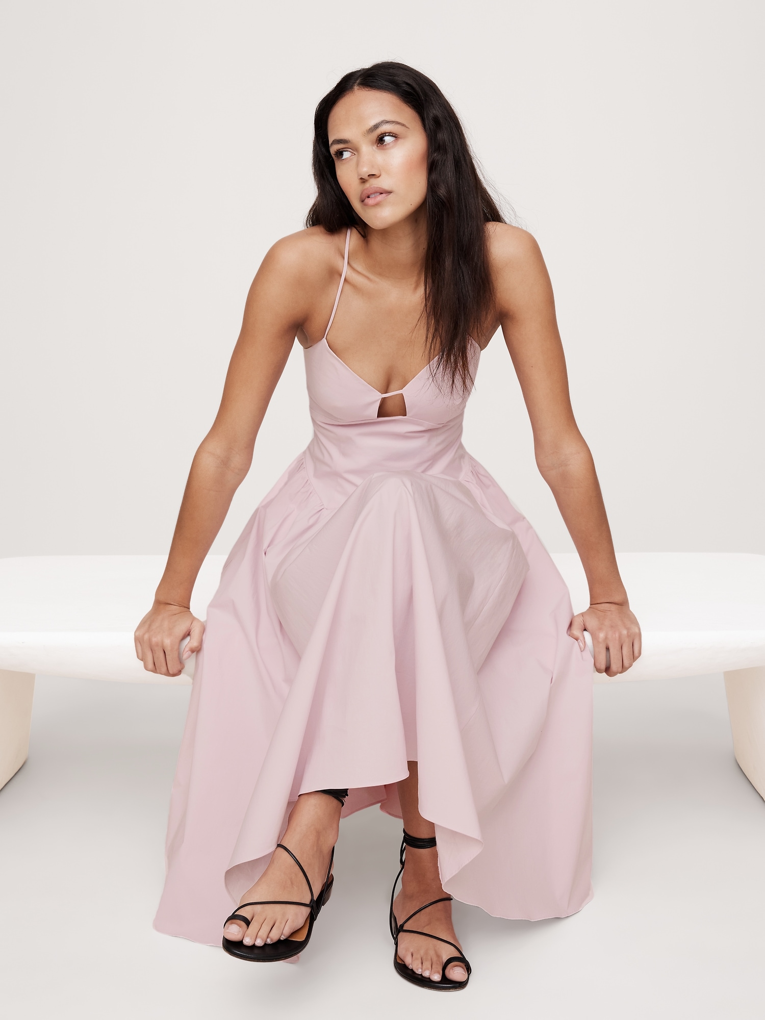 Stretch-Poplin Long Midi Dress