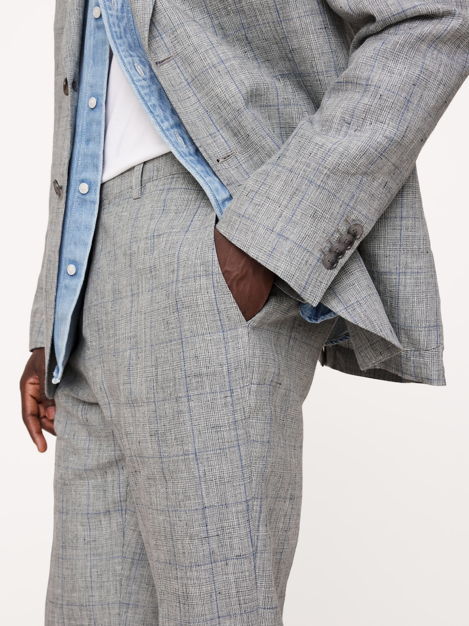 Straight Plaid Linen Suit Pant