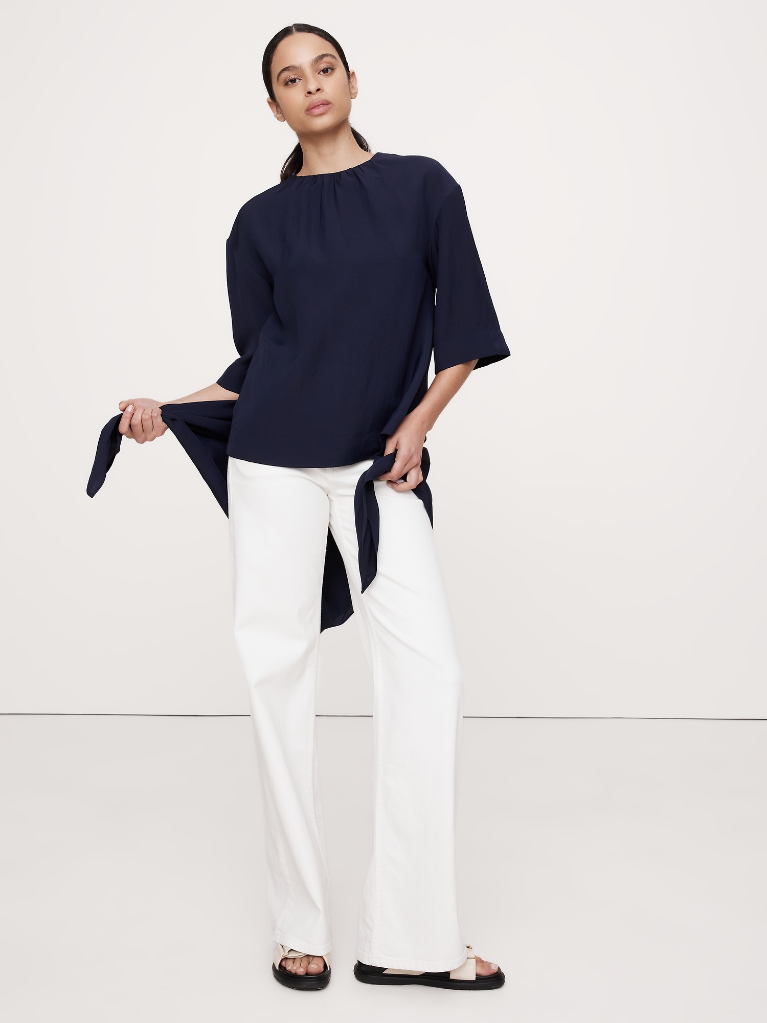 Viscose-Linen Dupioni Tie-Waist Top