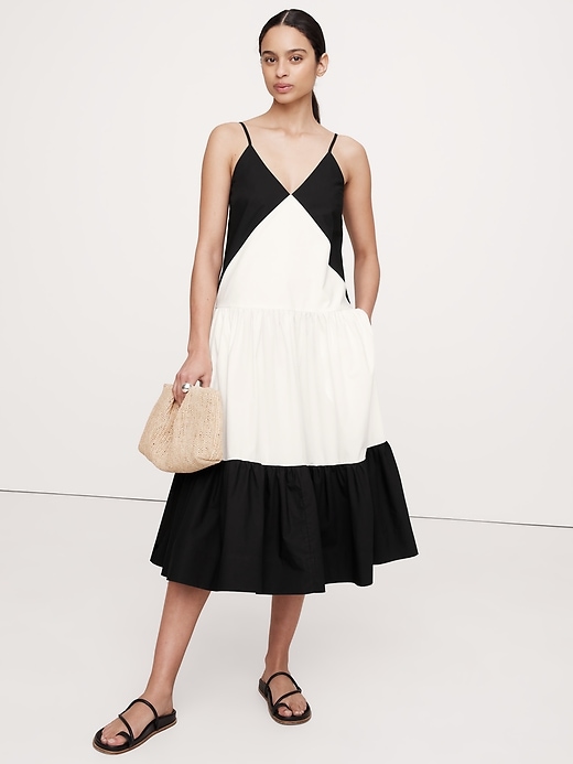 knee length dresses for ladies Atelier Poplin Tiered Midi Dress Navy / M by Sugarlips main image 0