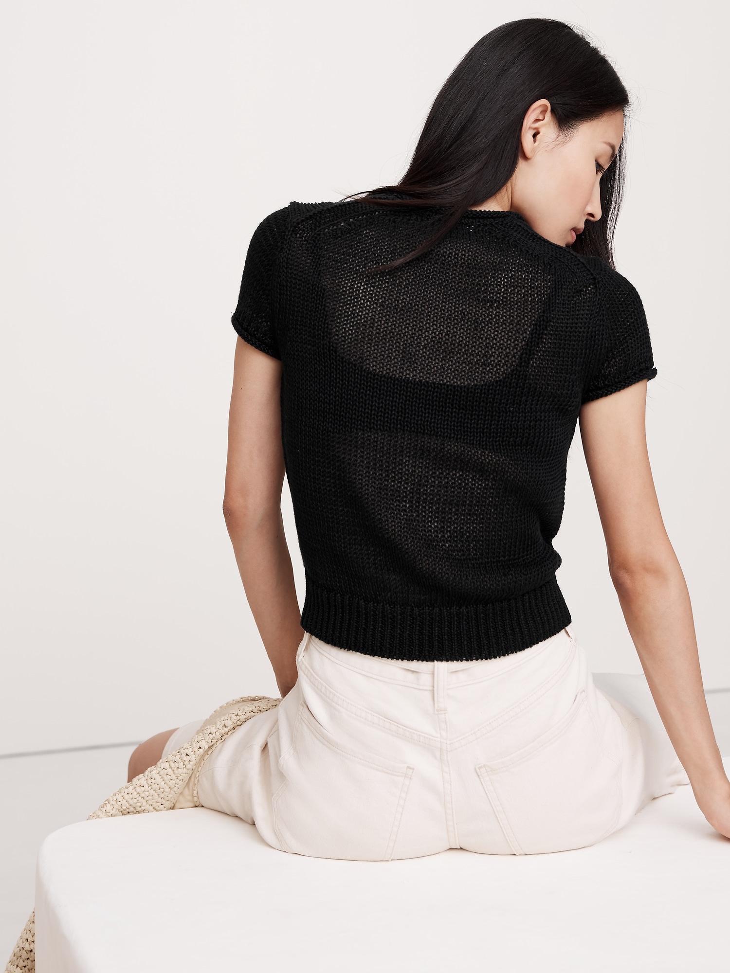 Fitted Linen Short-Sleeve Sweater