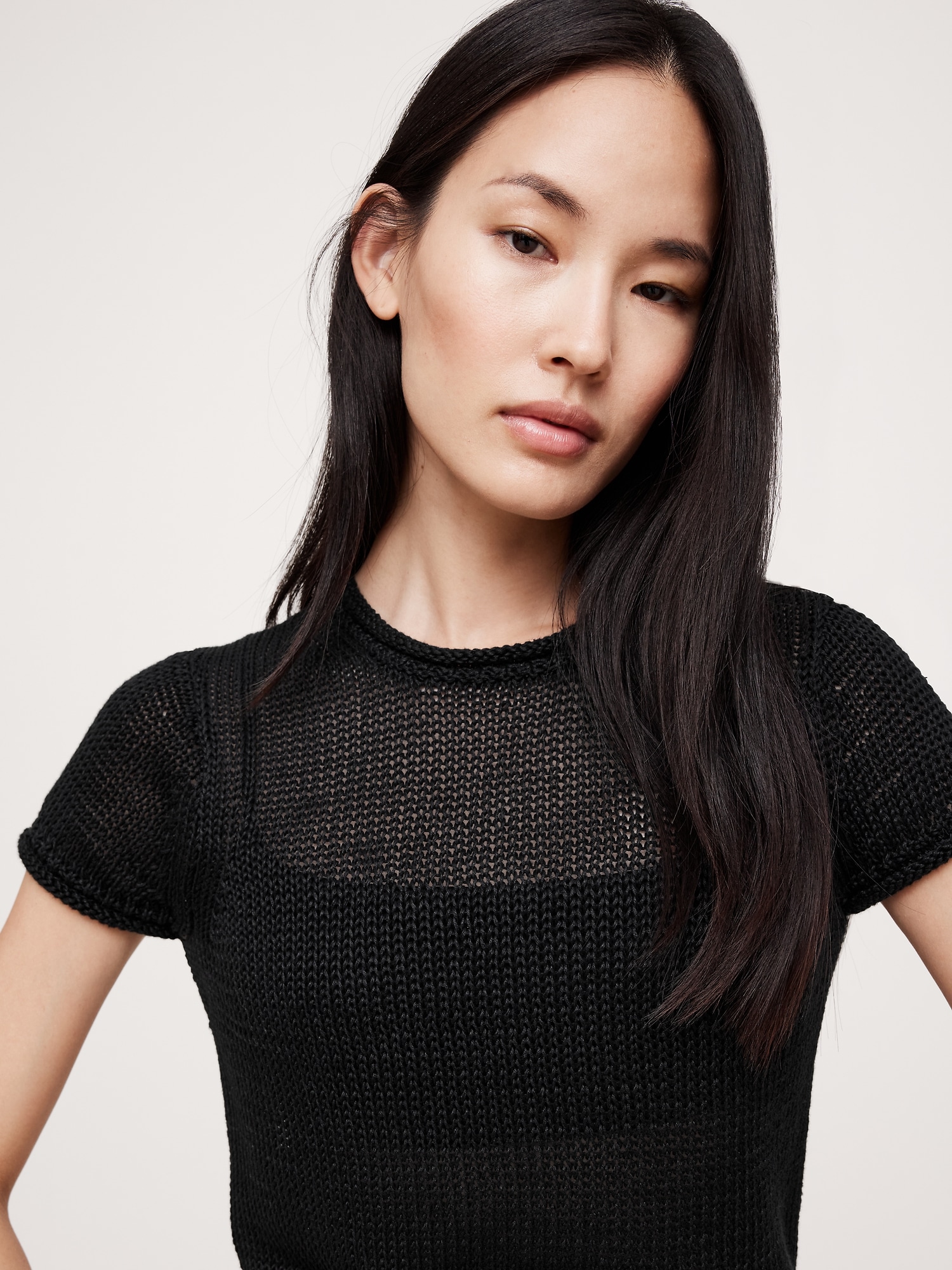Fitted Linen Short-Sleeve Sweater