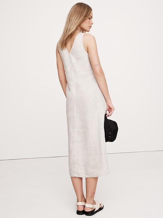 seina midi dress in natural linen Linen V-neck midi dress with sleeves SELINA
