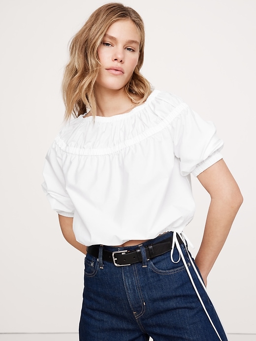 Cotton Poplin Ruched Bubble-Hem Top | Banana Republic
